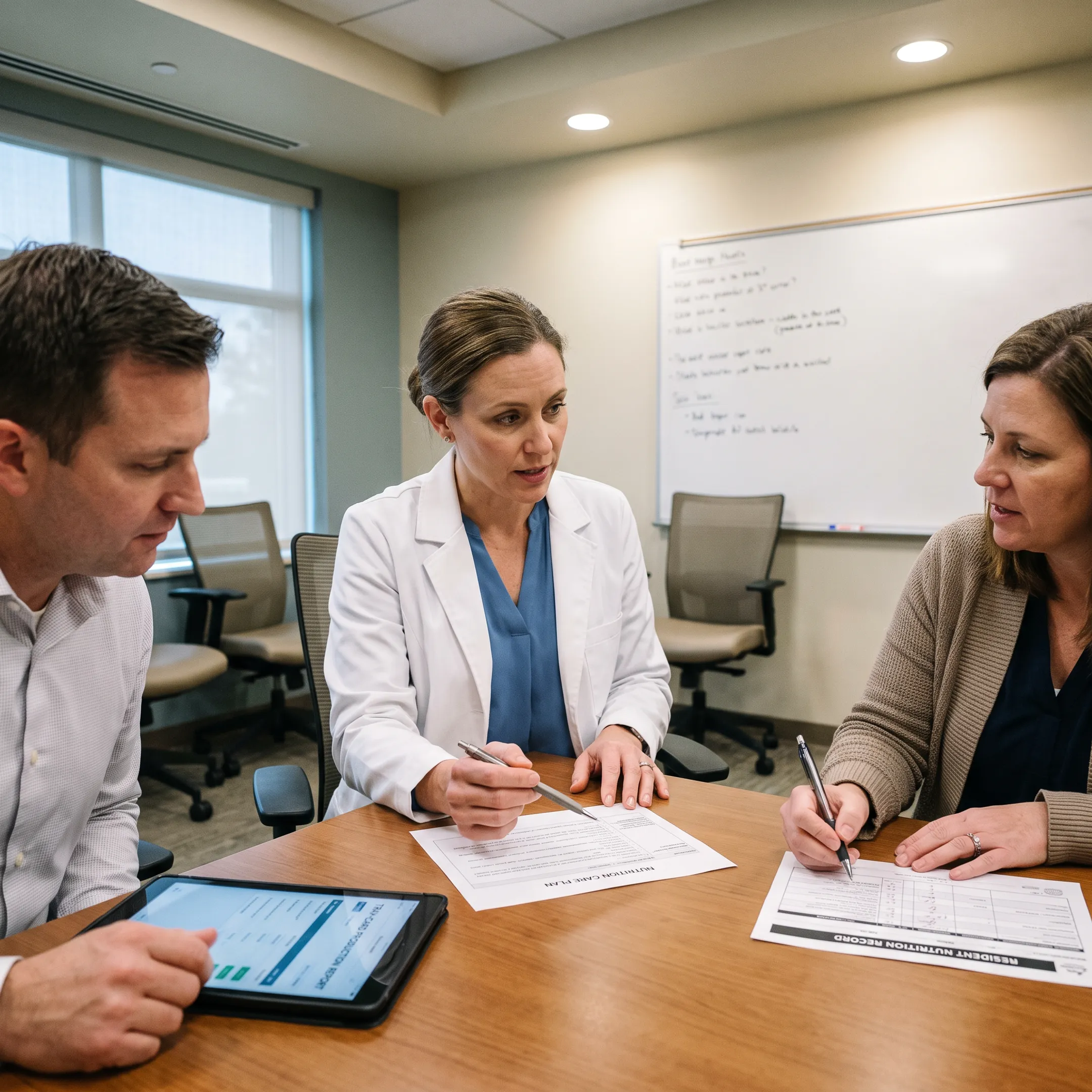 Consulting dietitian reviewing nutrition records with health care facility staff
