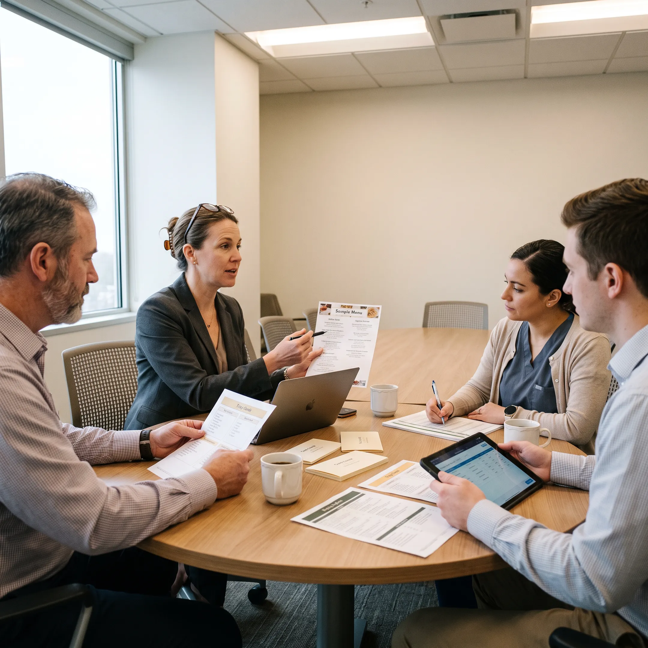Dietitian collaborating with health care facility dietary team