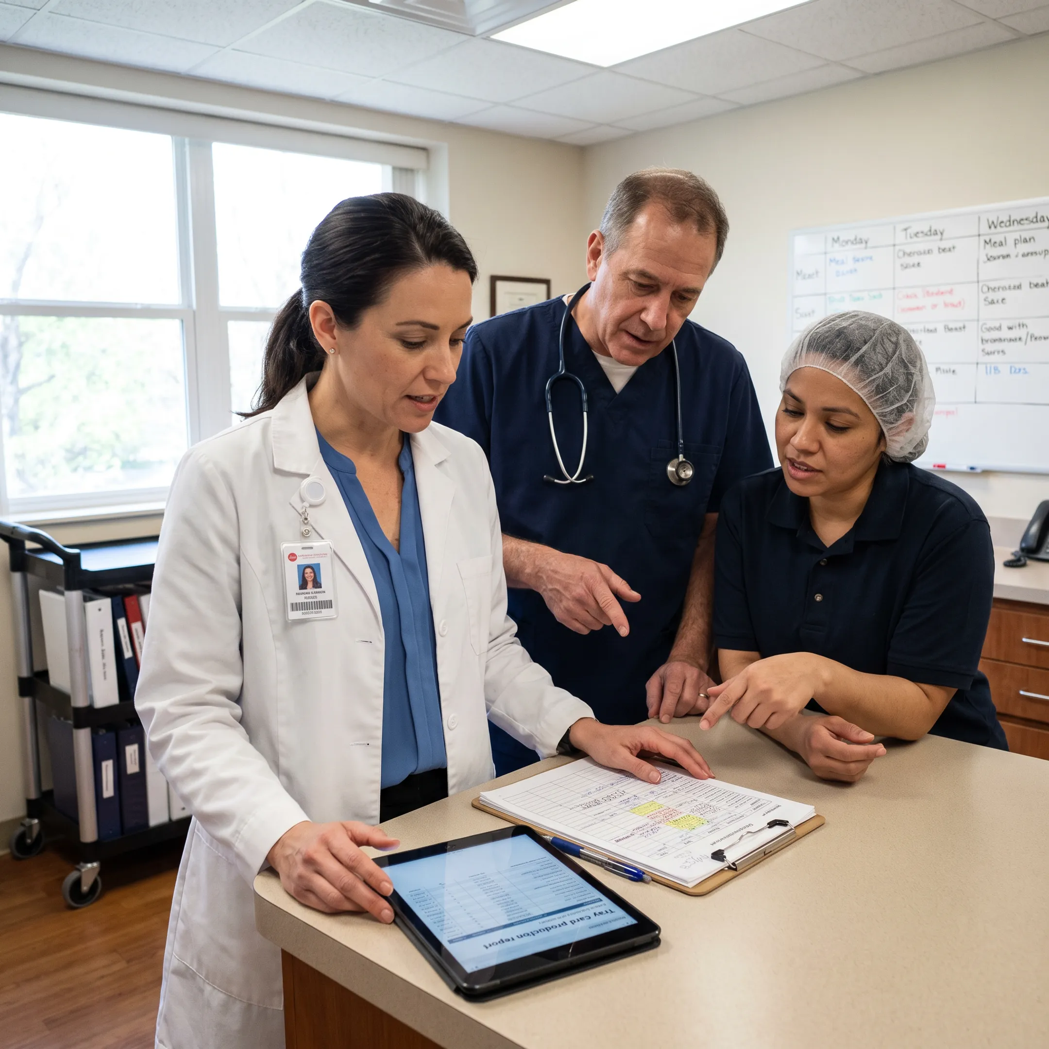 Dietitian collaborating with nursing home care staff