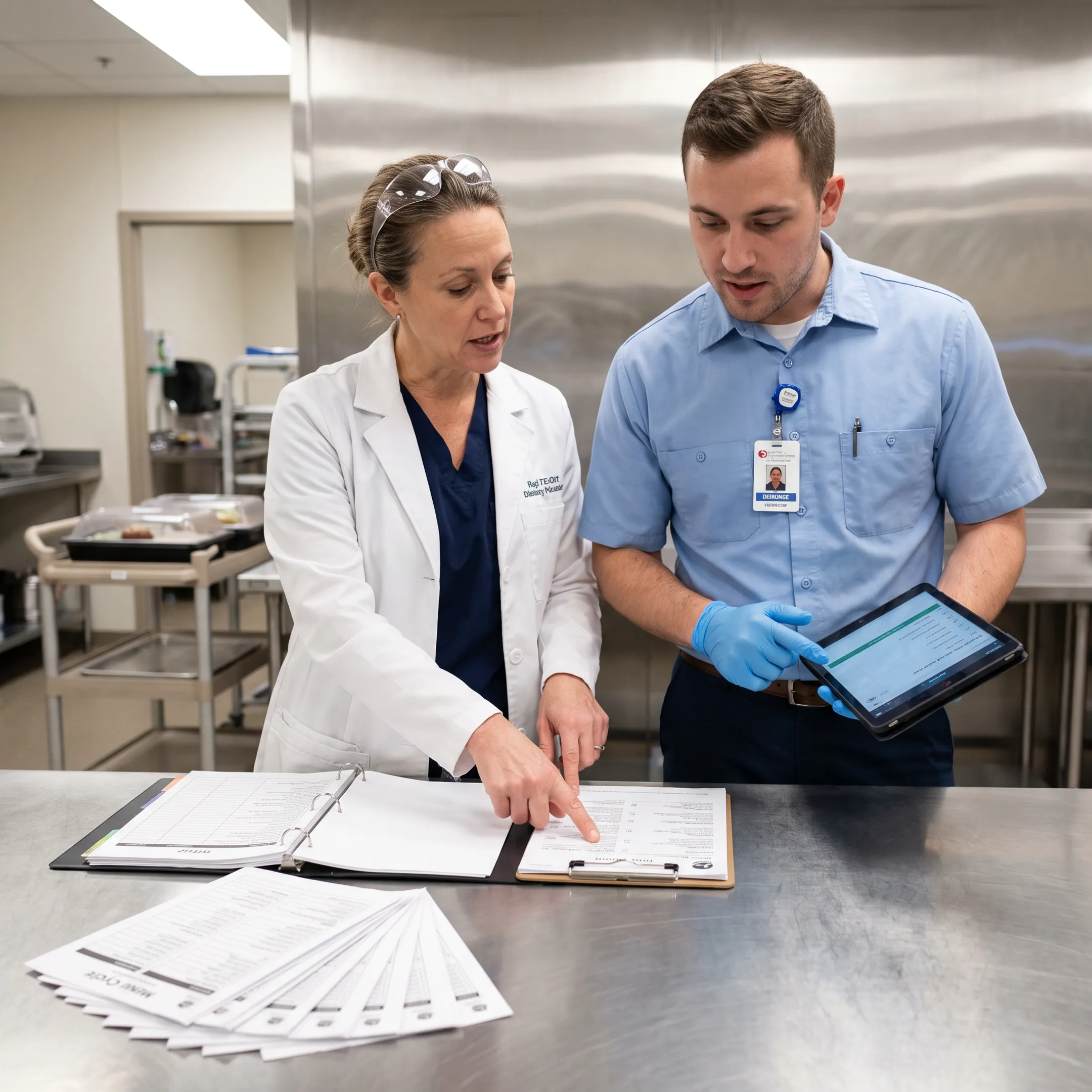 Healthcare food service team planning nutritious meals for facility residents