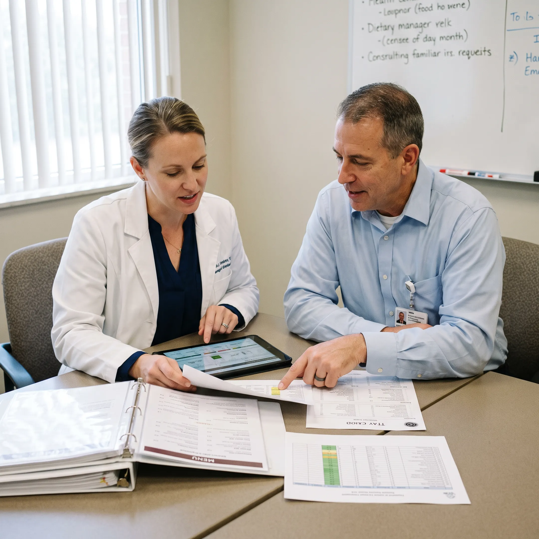 Dietitian and dietary manager comparing healthcare food service plans