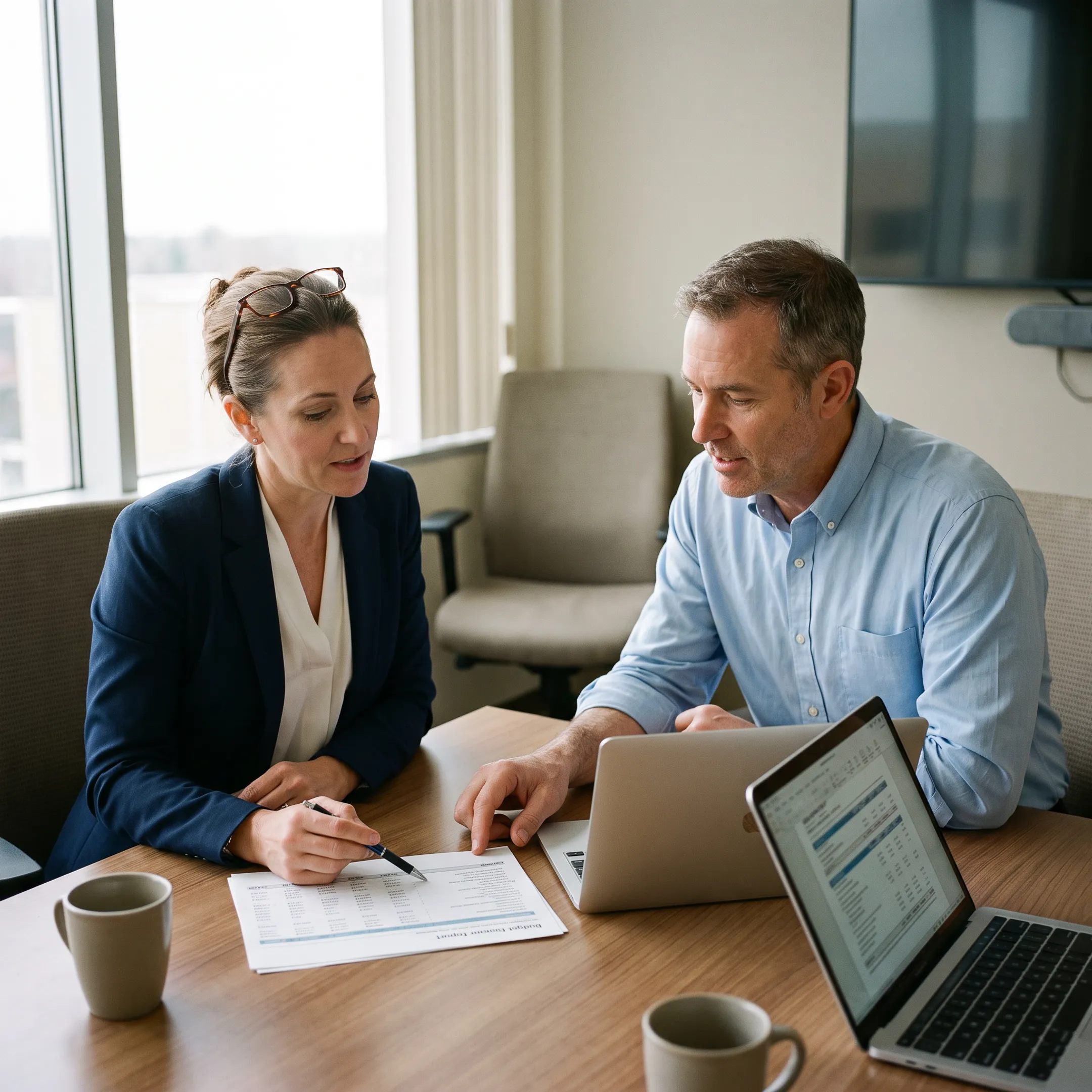Dietitian reviewing a consulting budget with a healthcare facility administrator