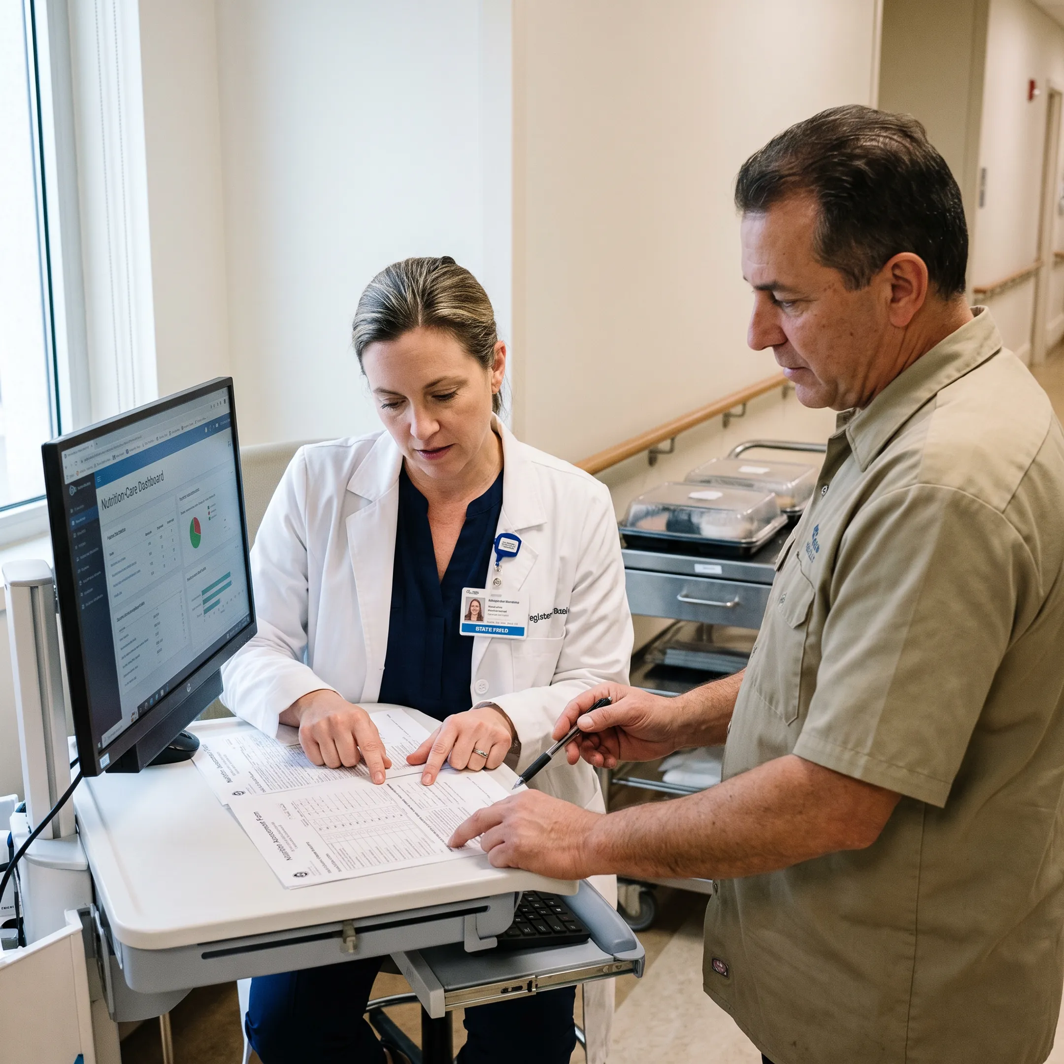 Dietitian reviewing nutrition documentation at a healthcare facility