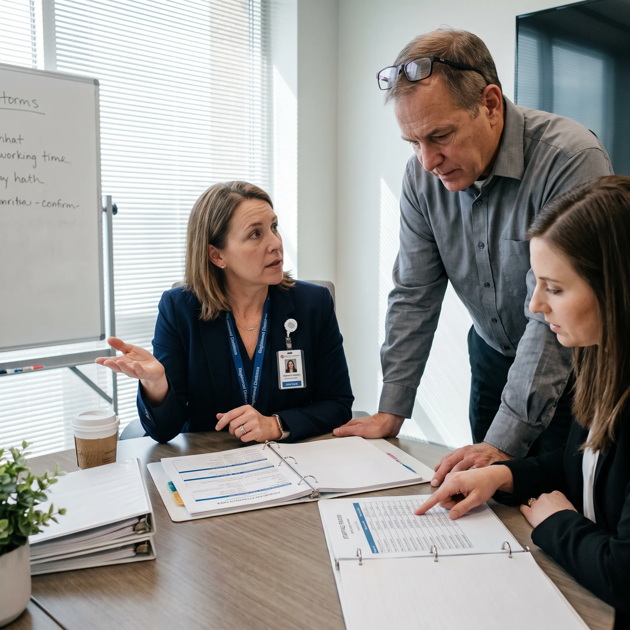 Nutrition professional meeting with facility leadership