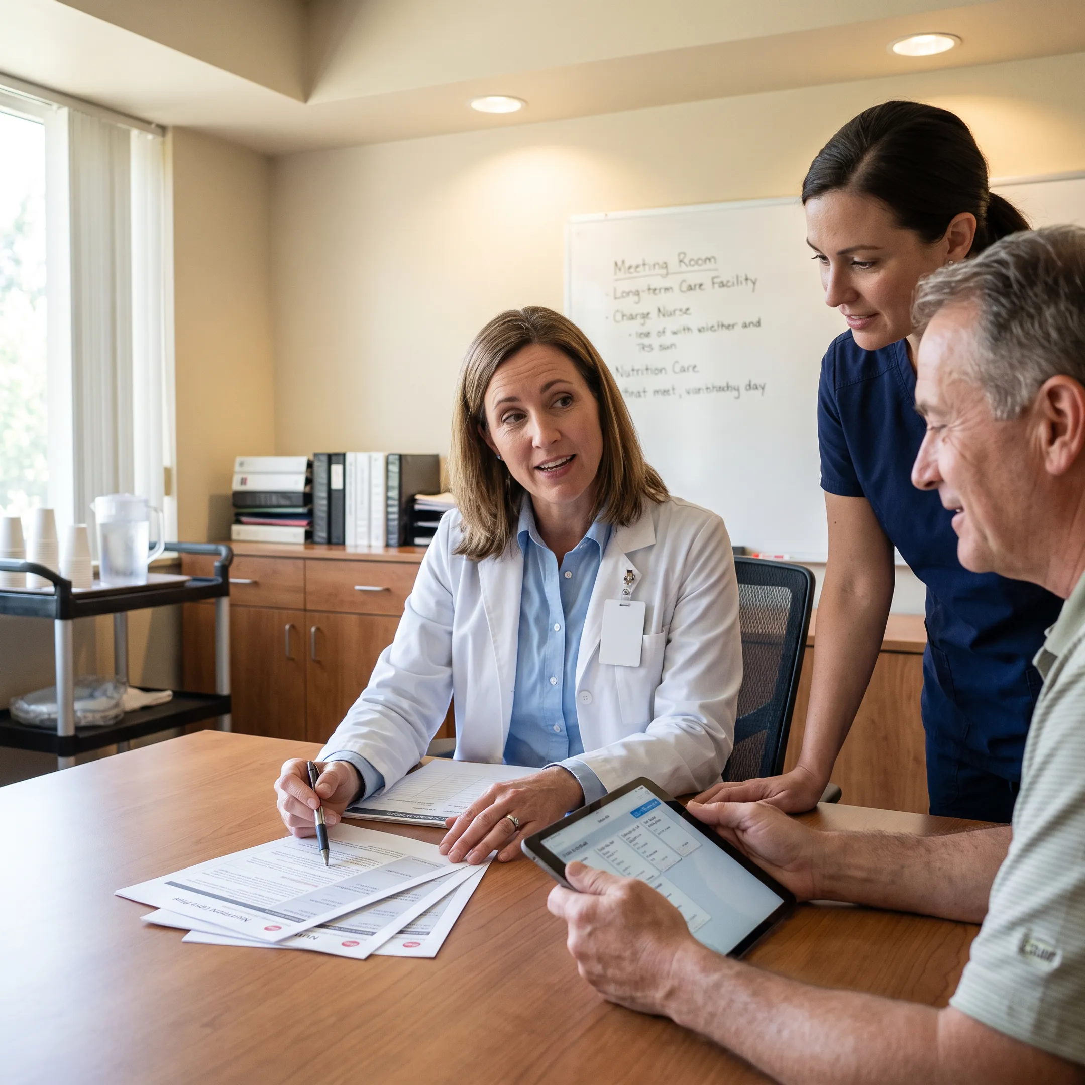 Dietitian consulting with healthcare staff about resident nutrition care