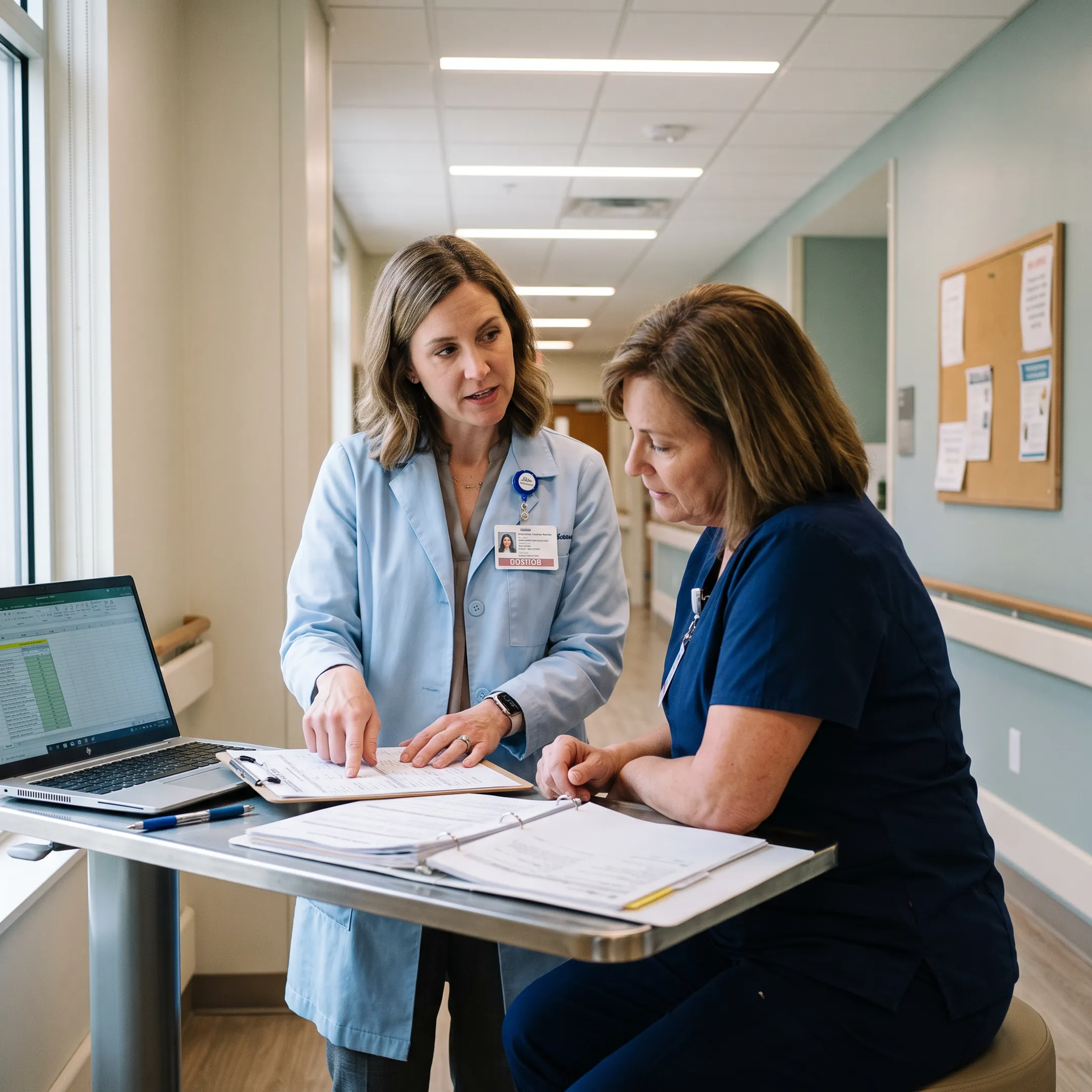 Registered dietitian reviewing care plans with healthcare facility staff