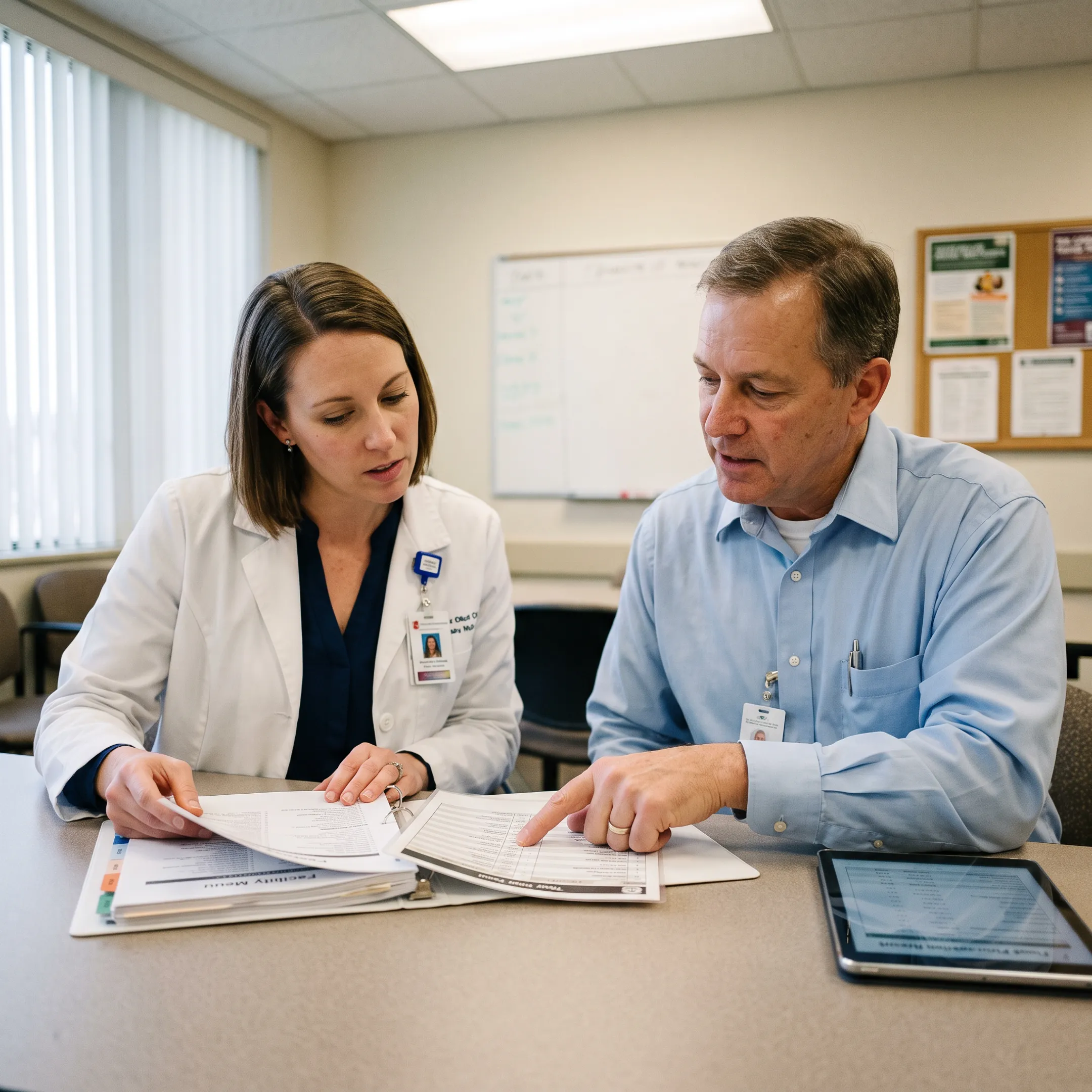 Dietitian and dietary manager discussing healthcare meal service