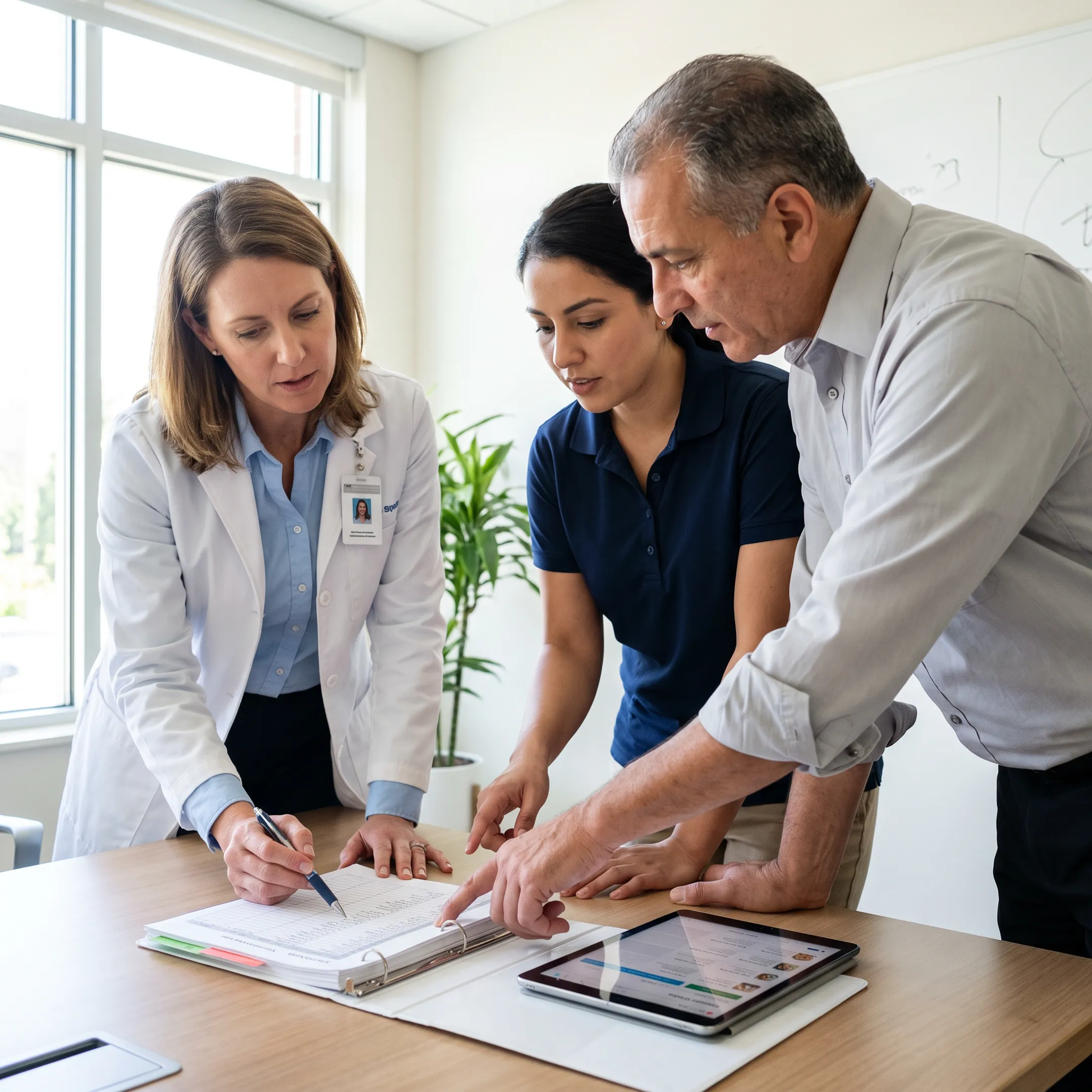 Dietitian reviewing a resident nutrition care plan with senior living staff