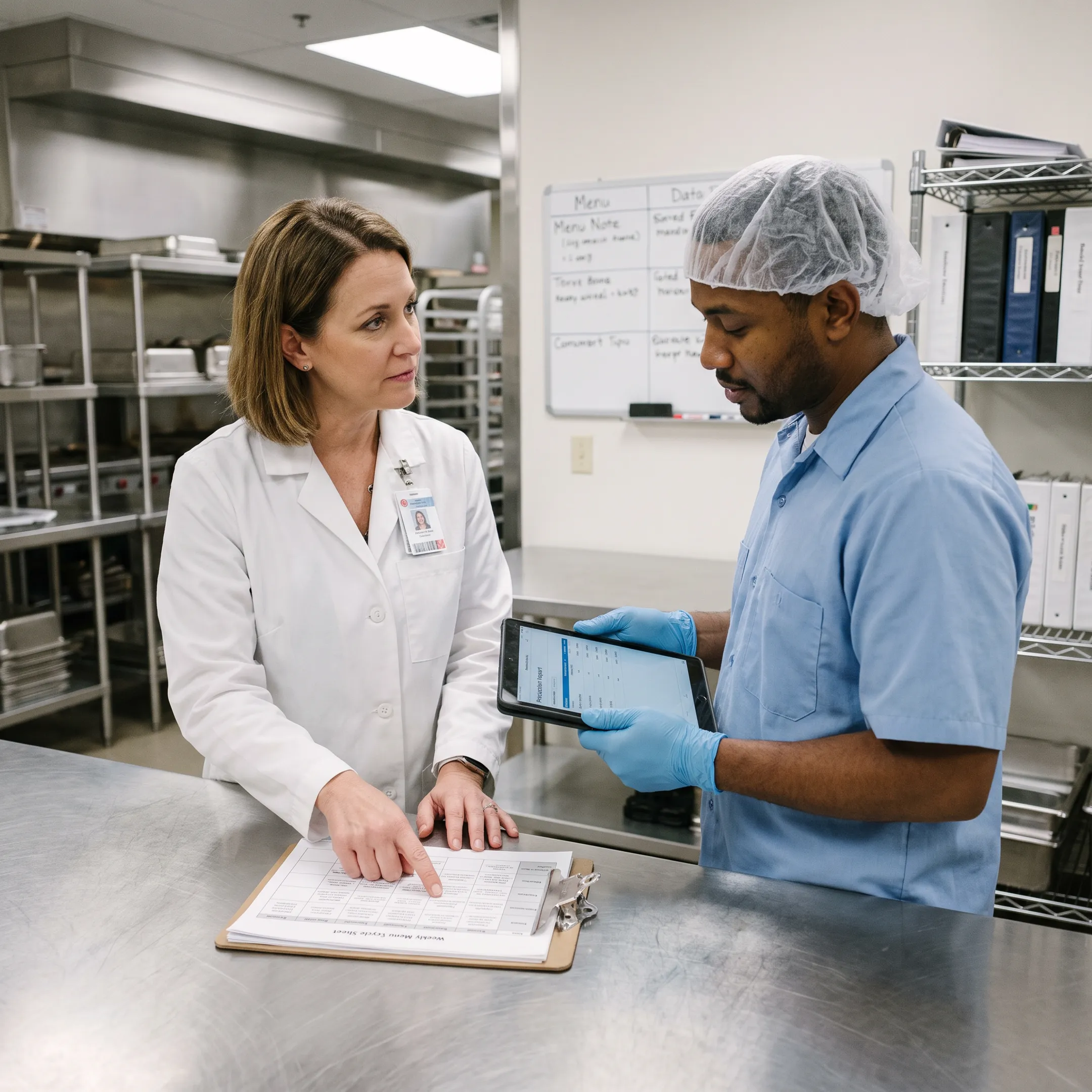 Dietitian collaborating with healthcare dietary services team