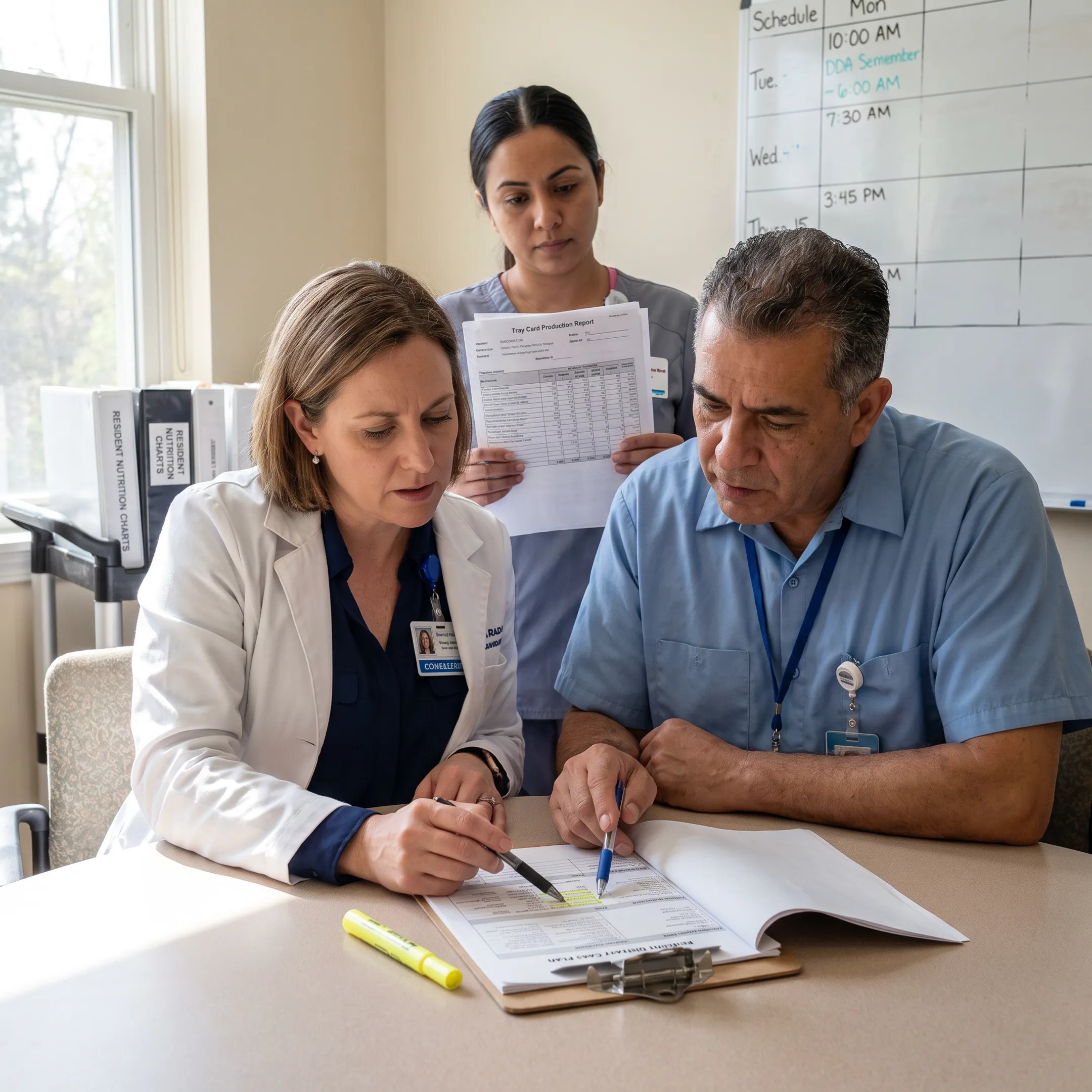 Nutrition consultant reviewing dietary care plans with healthcare facility staff