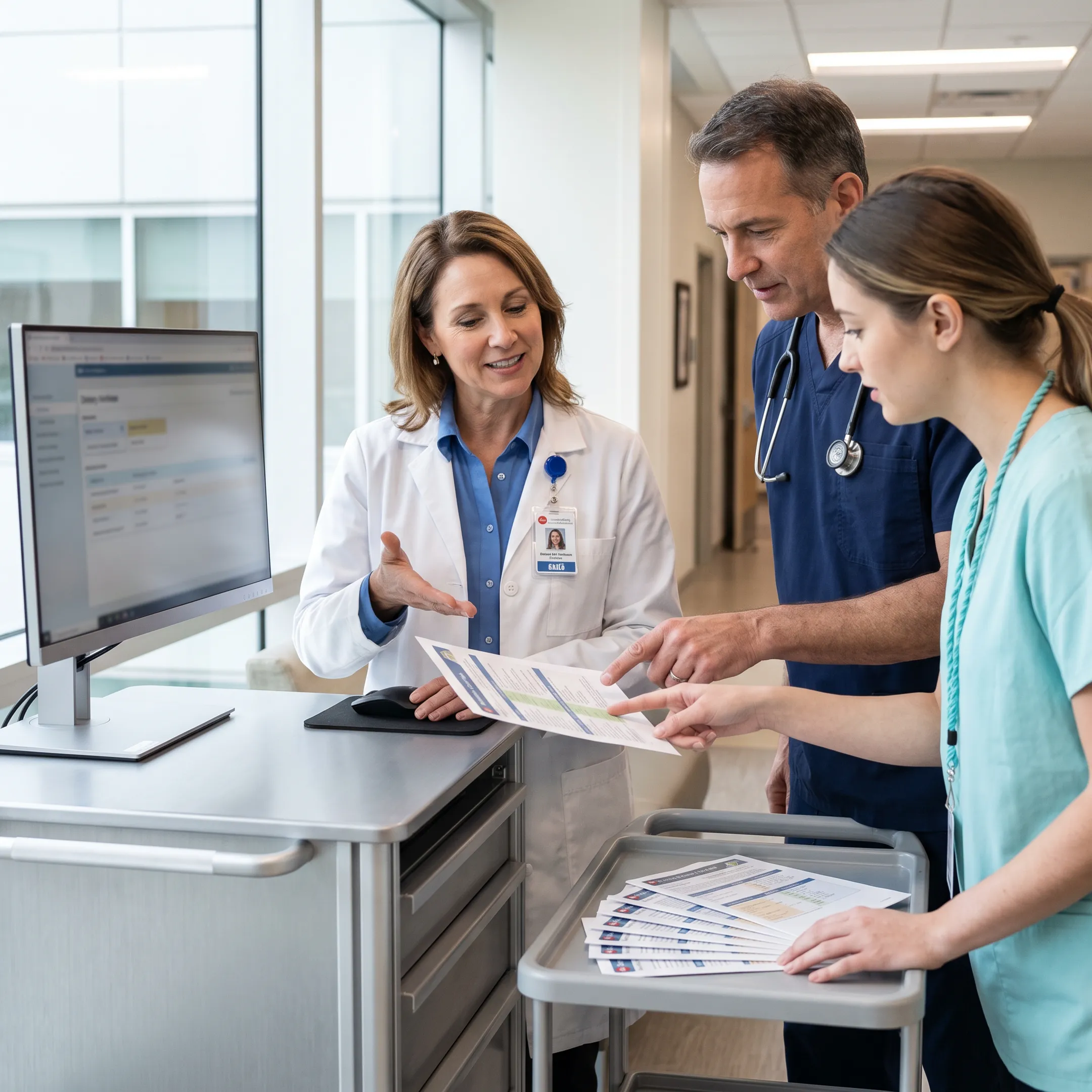 Dietitian reviewing a patient nutrition plan with healthcare staff