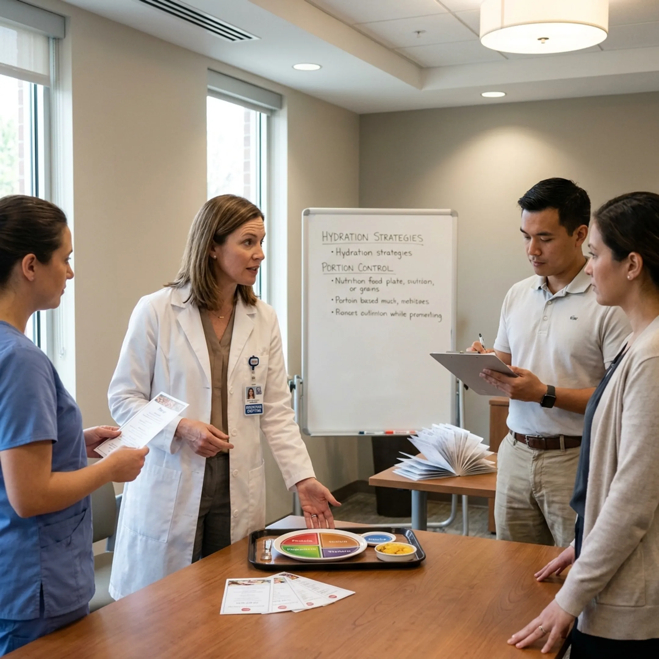 Dietitian discussing healthy food choices with workplace employees