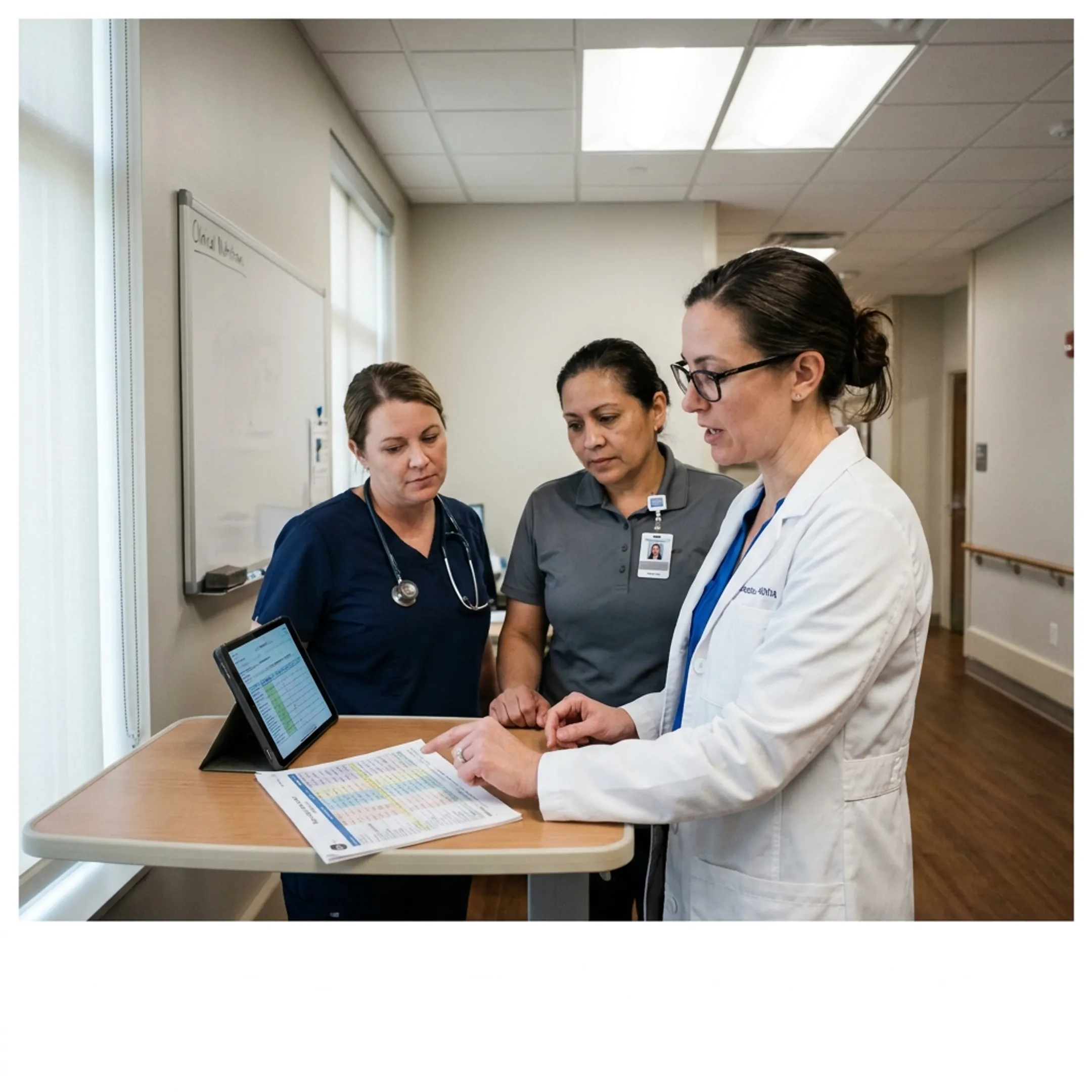 Dietitian discussing individualized nutrition planning with a patient care team