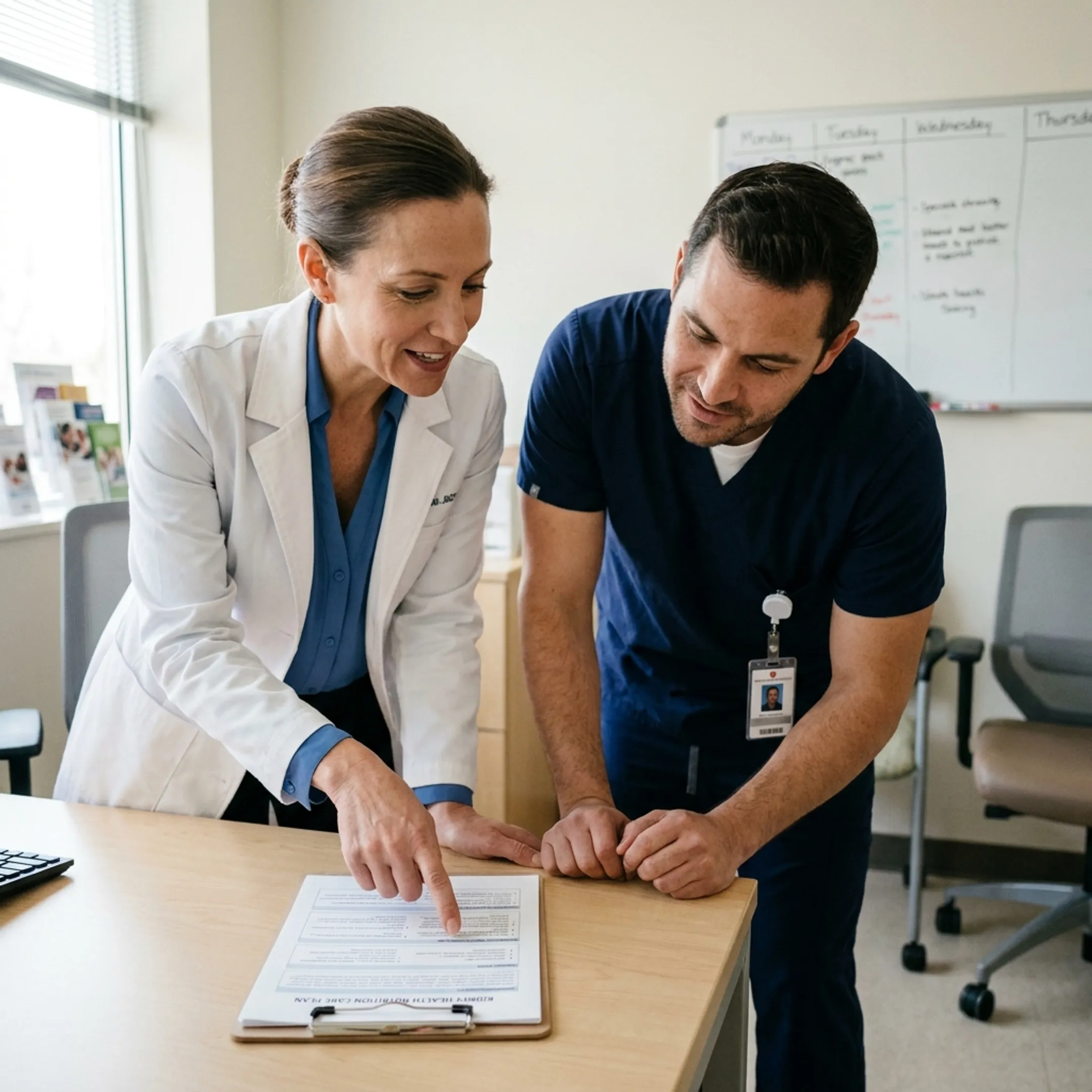 Dietitian reviewing a kidney-friendly nutrition care plan with a healthcare professional