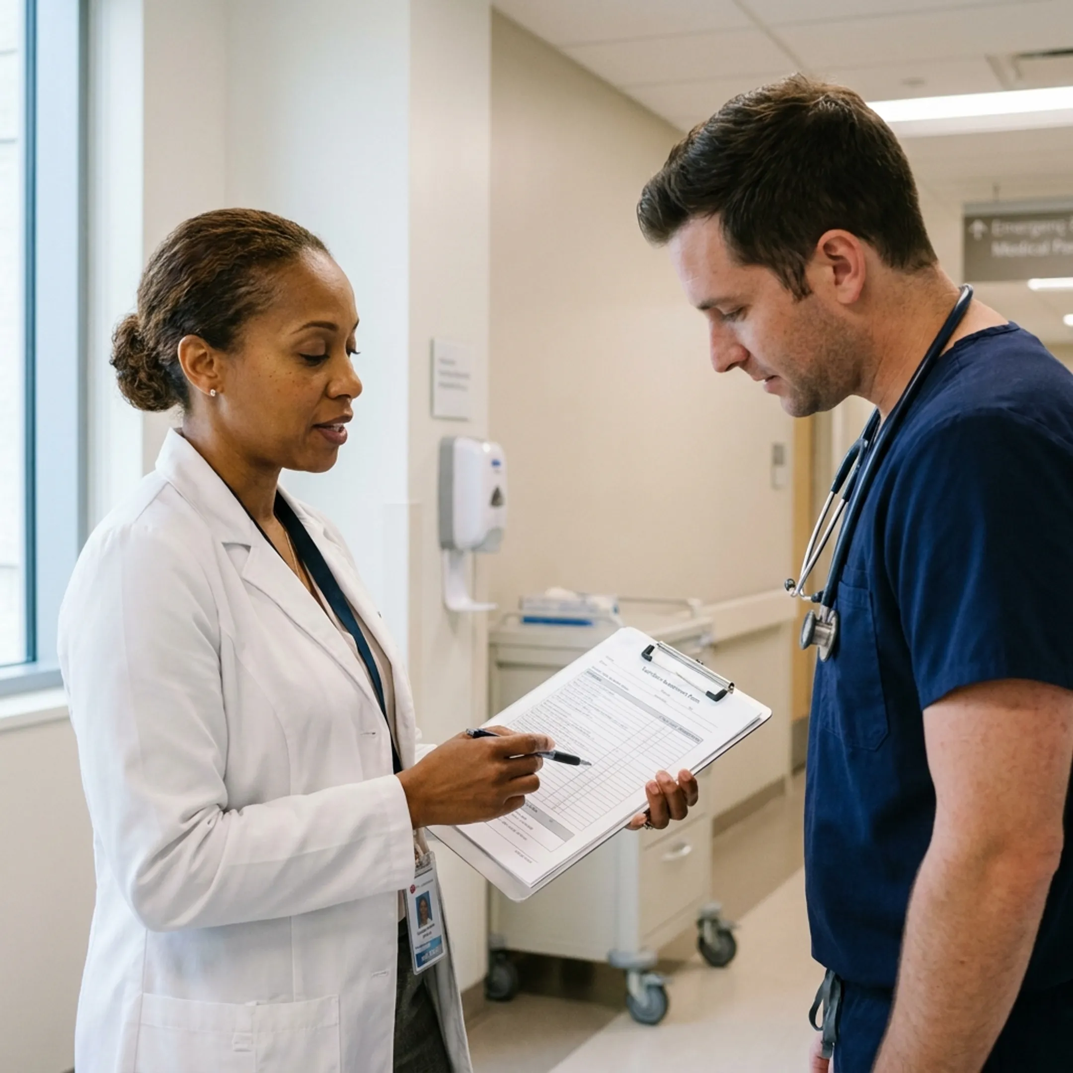 Registered dietitian reviewing a hospital patient nutrition plan with clinical staff