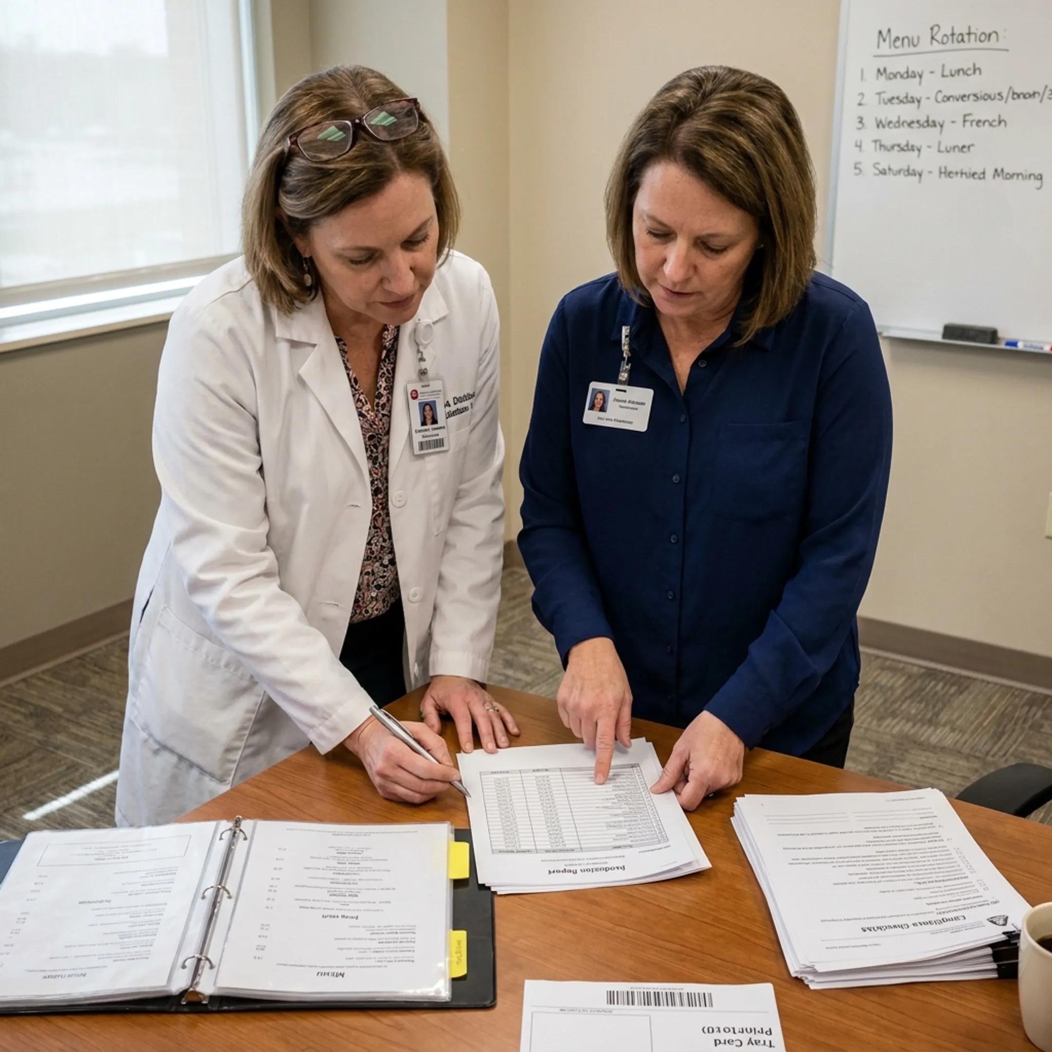 Dietary consultant analyzing food service audit materials