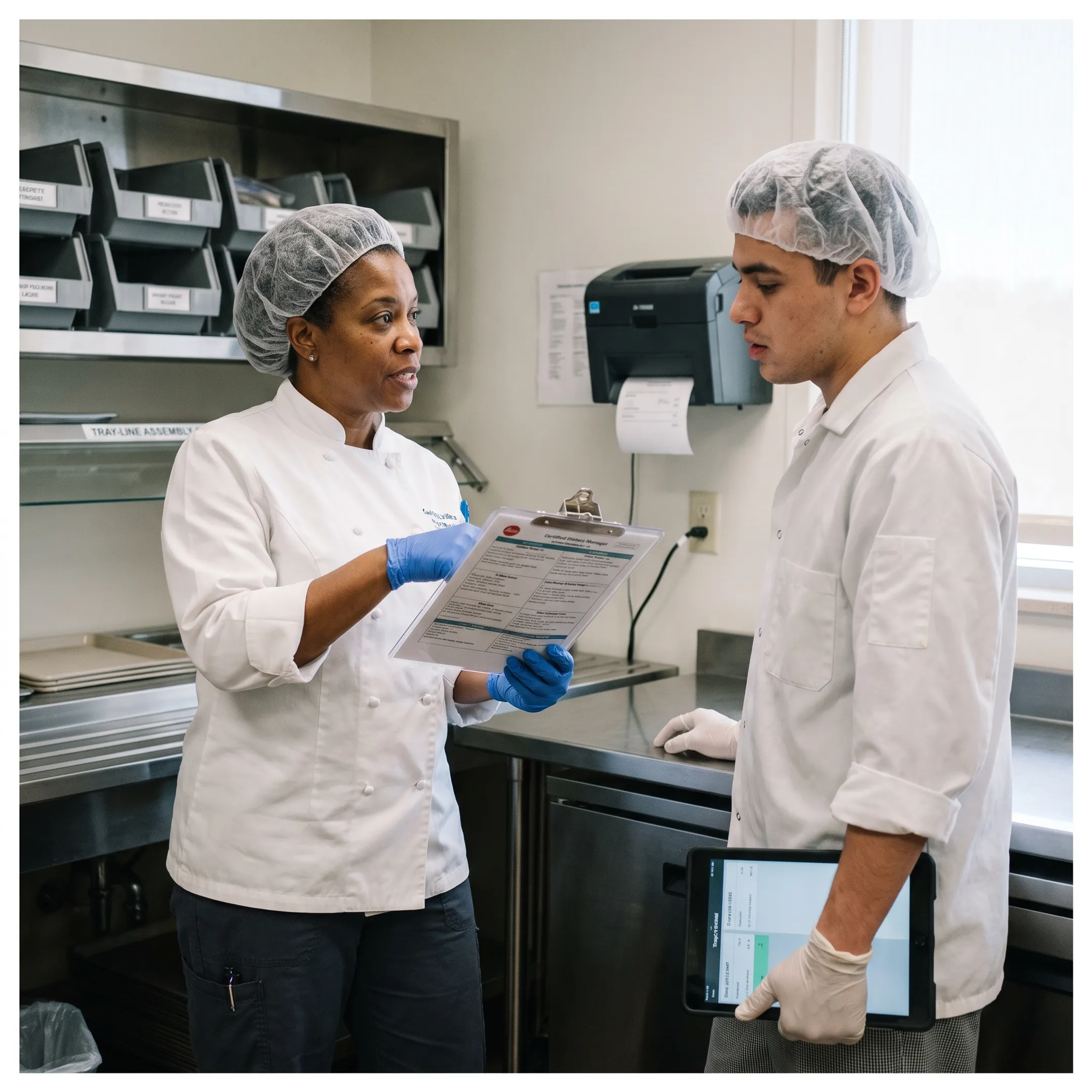 Dietary manager reviewing healthcare facility meal plans with nutrition staff