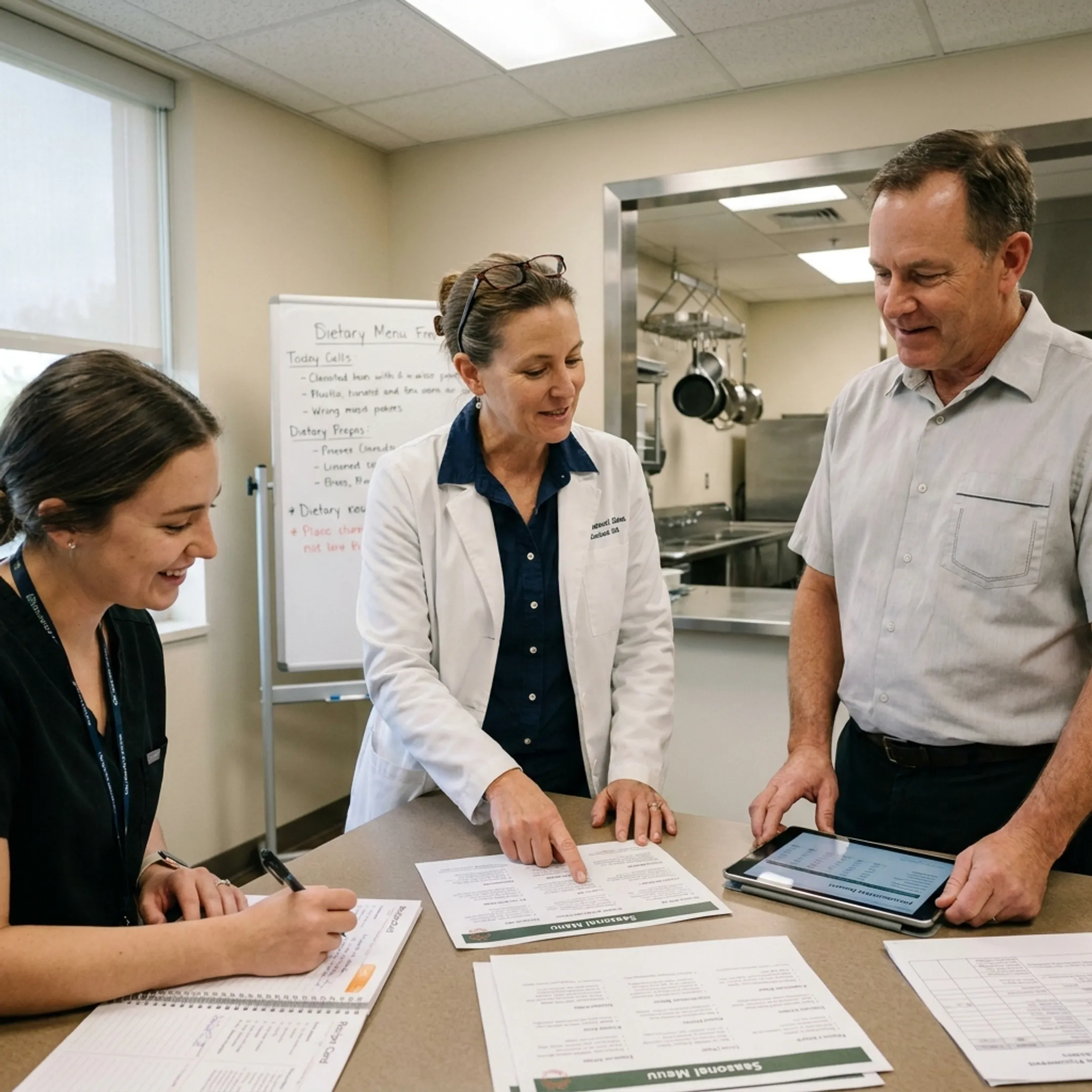 Dietitian reviewing a clinical nutrition menu with healthcare food service staff