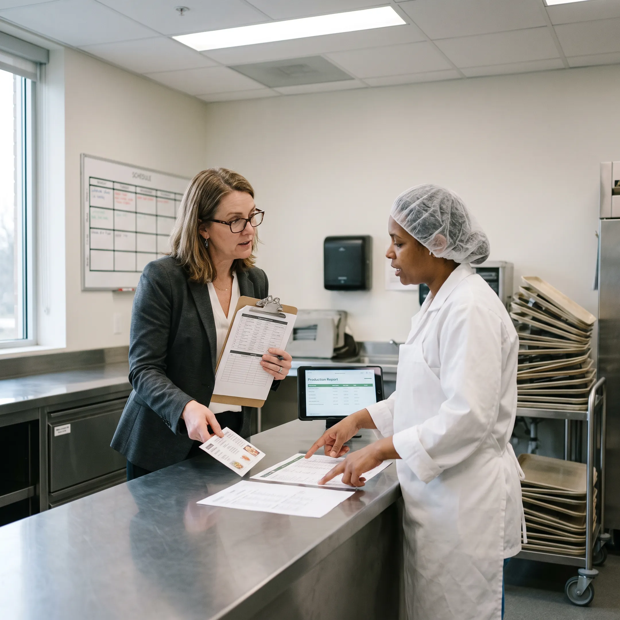 Healthcare food service consultant reviewing meal operations with facility staff