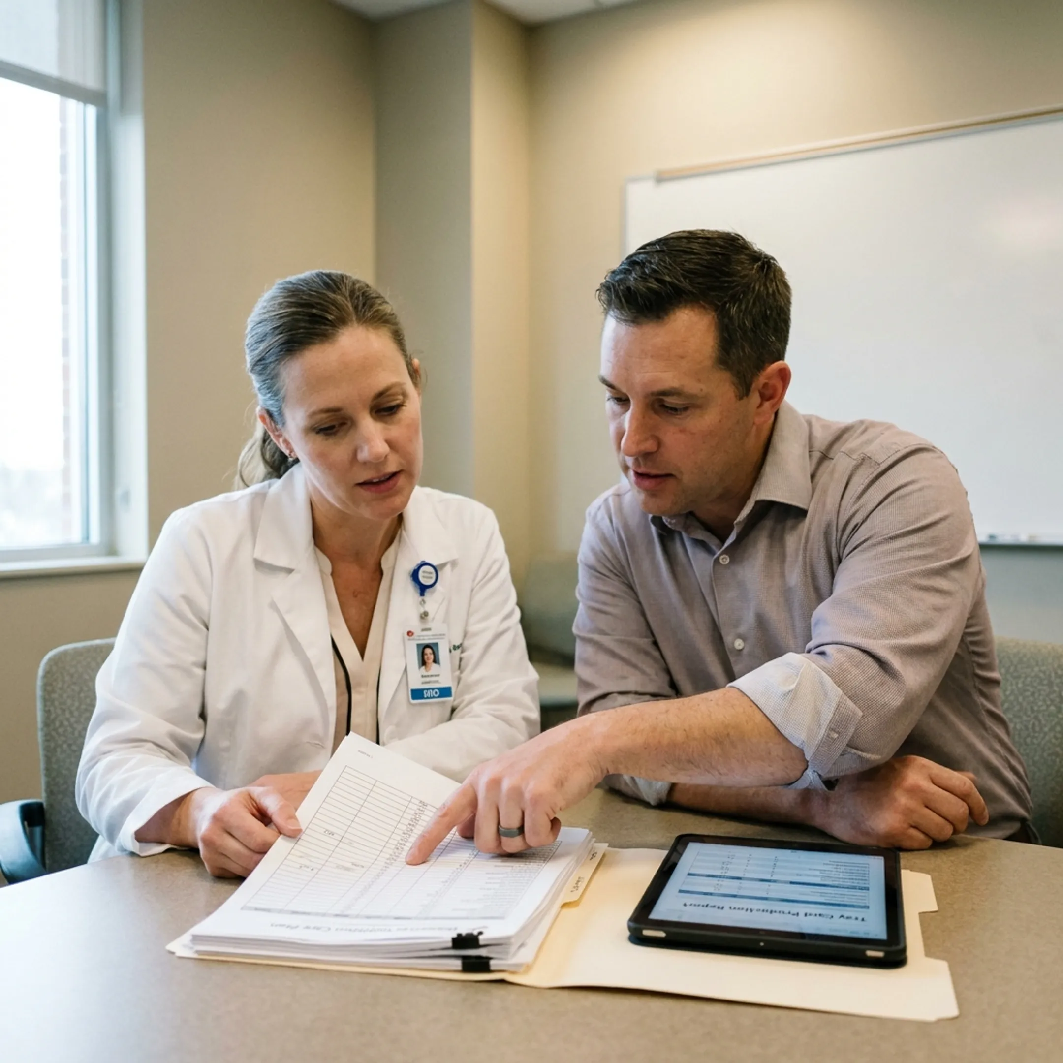 Registered dietitian reviewing a diabetes-friendly care plan with healthcare facility staff