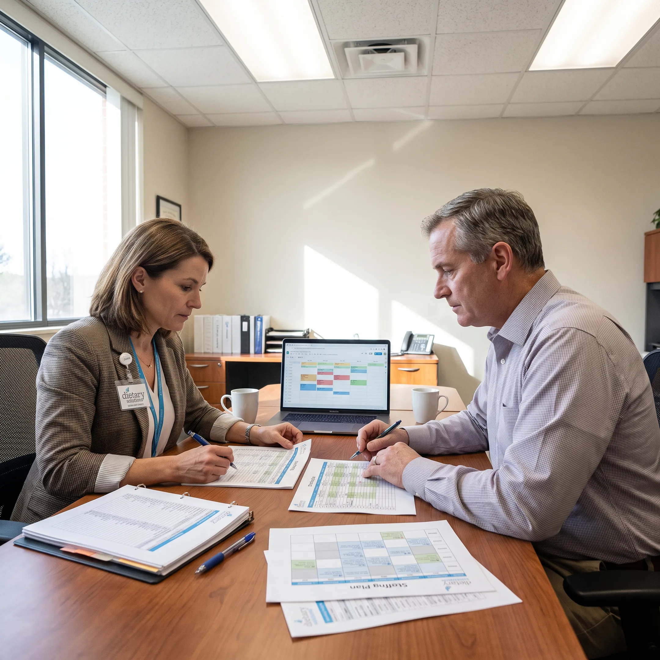 Dietitian discussing staffing needs with healthcare administrator