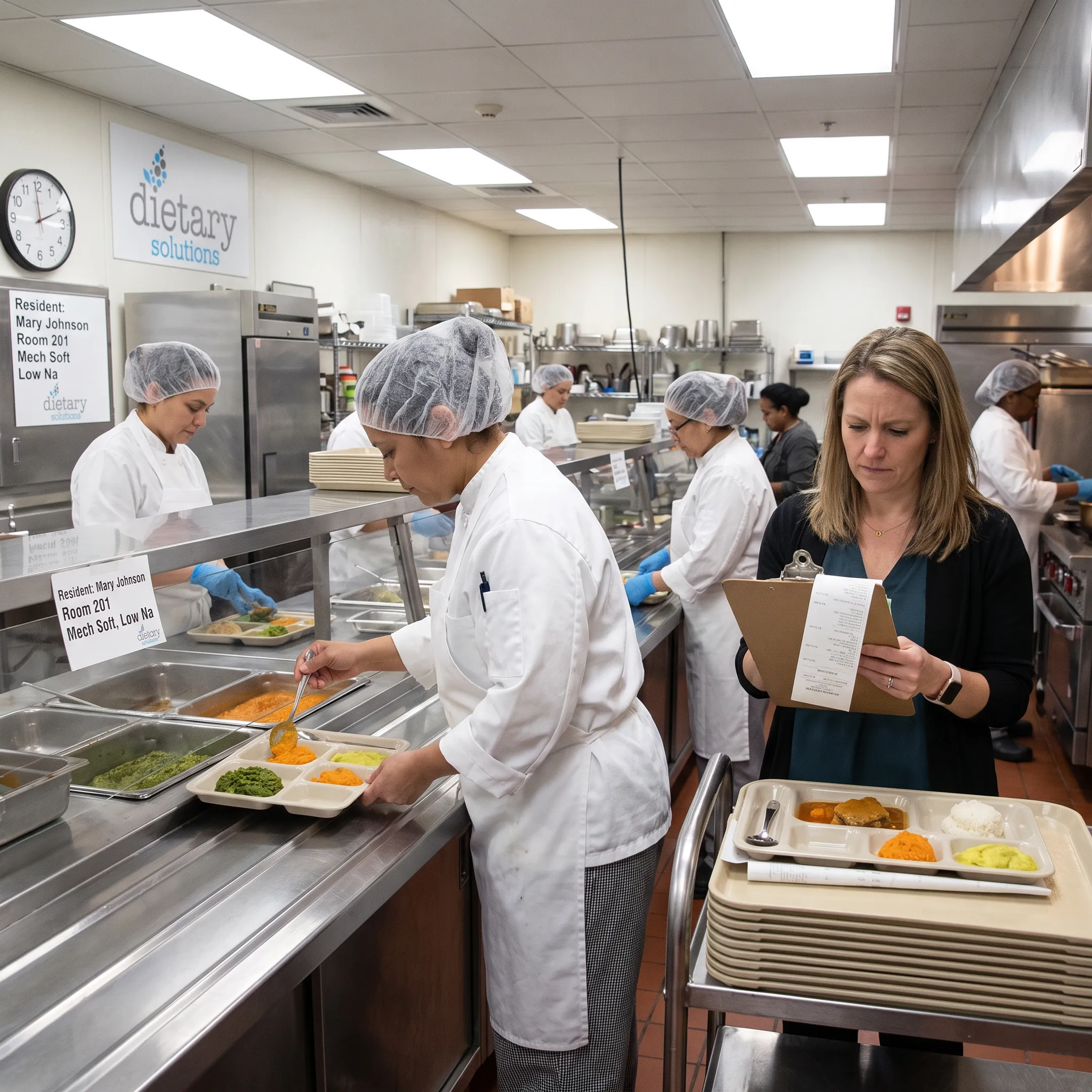 Senior living dietary team preparing individualized meals