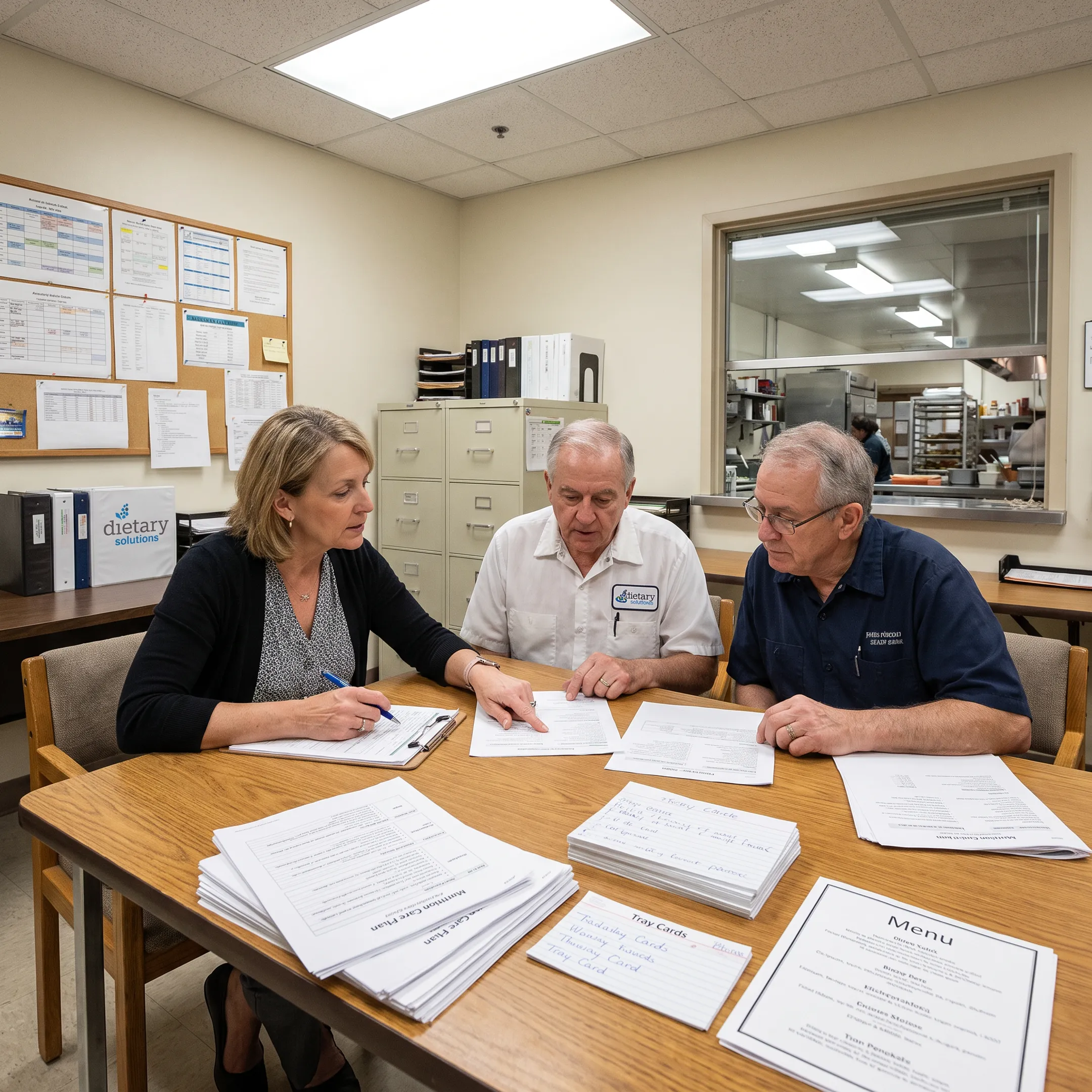 Consulting dietitian reviewing a care plan with facility staff