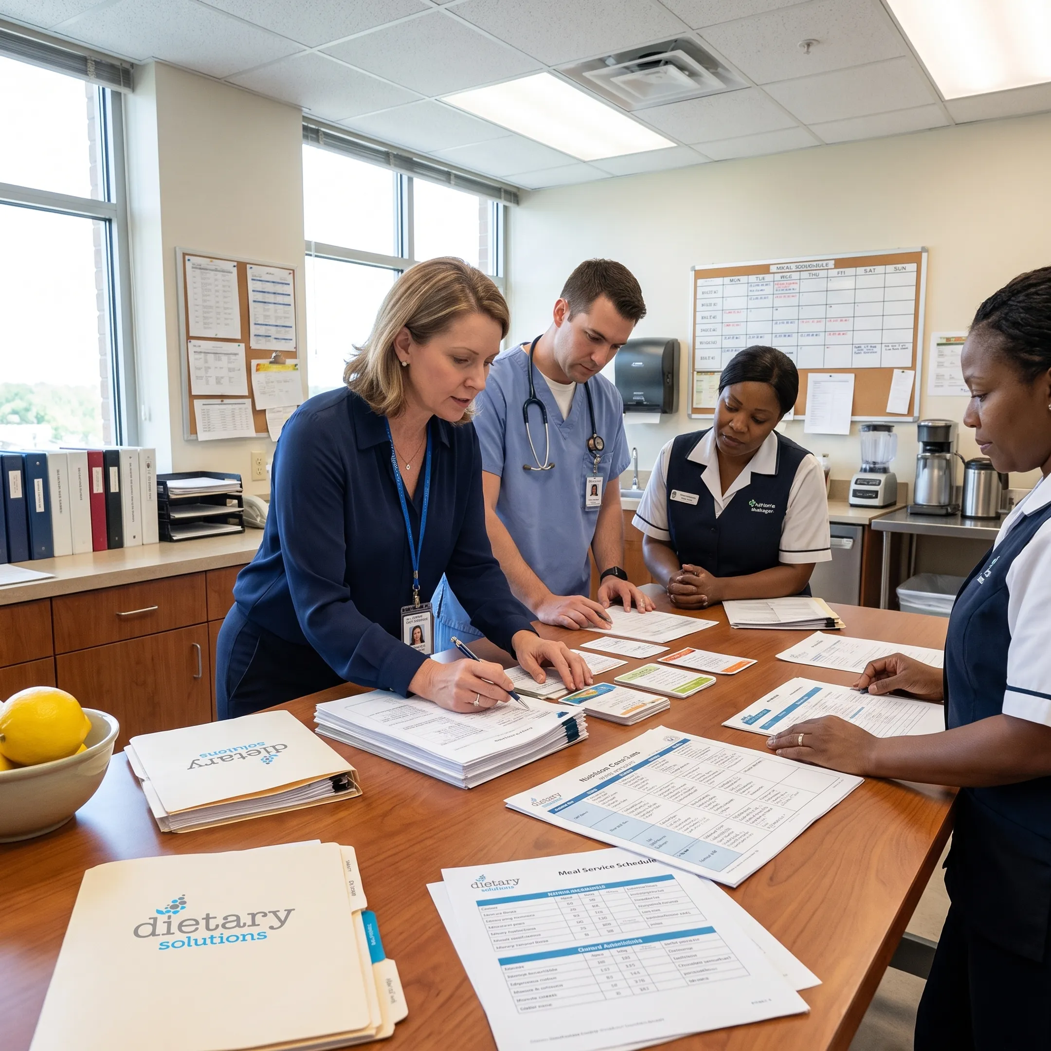 Dietitian discussing nutrition plans with healthcare staff