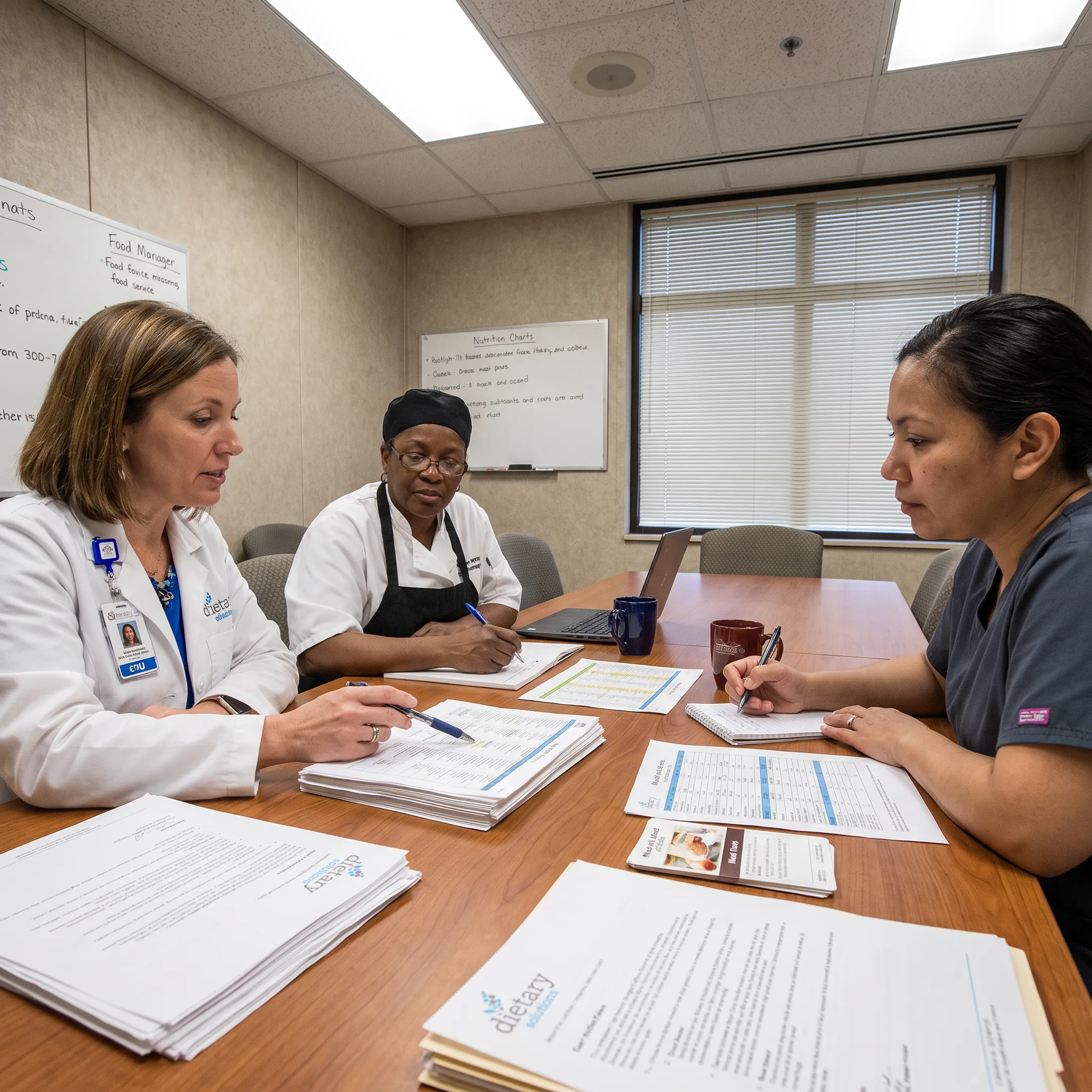 Dietitian collaborating with healthcare food service staff