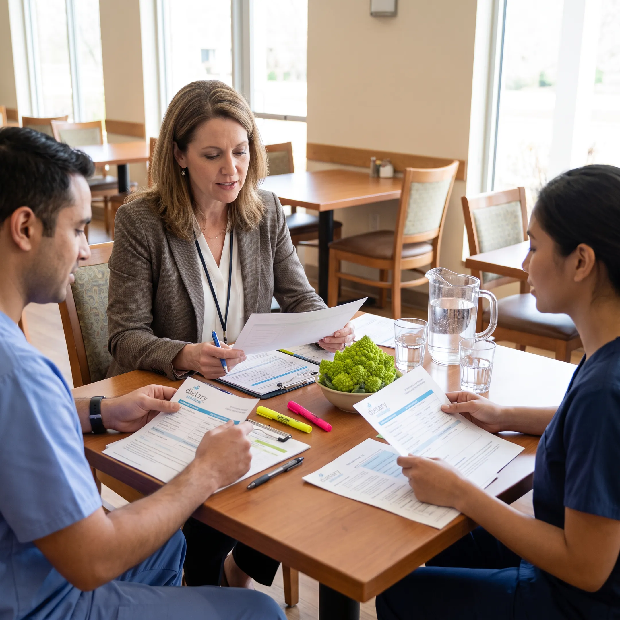 Dietitian consulting with a healthcare food service team