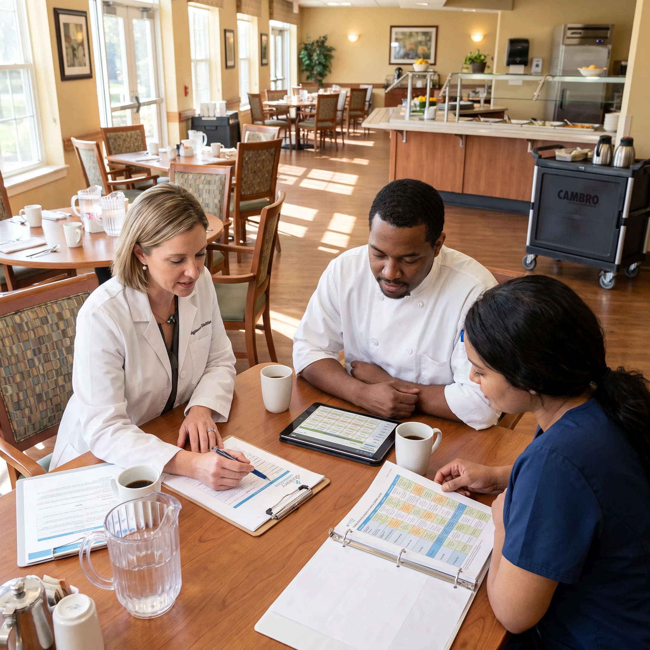 Dietitian consulting with a healthcare food service team
