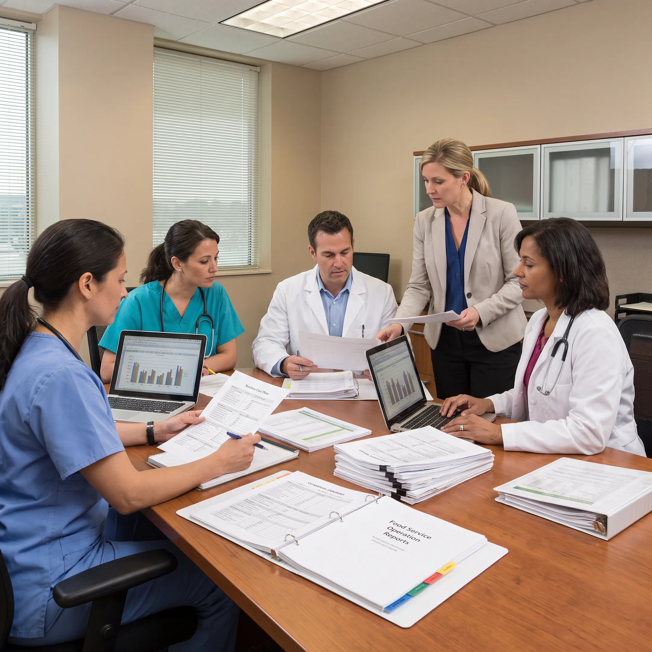 Dietitian consulting team reviewing nutrition care plans with healthcare staff