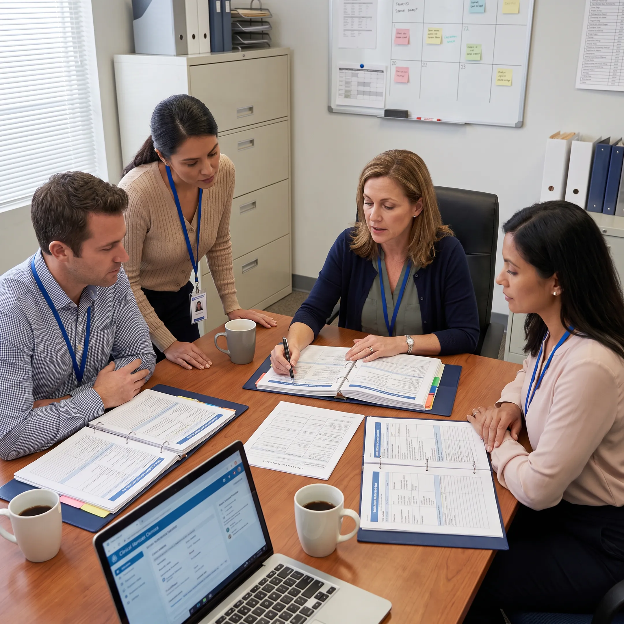 Registered dietitian reviewing nutrition care plans with healthcare facility staff