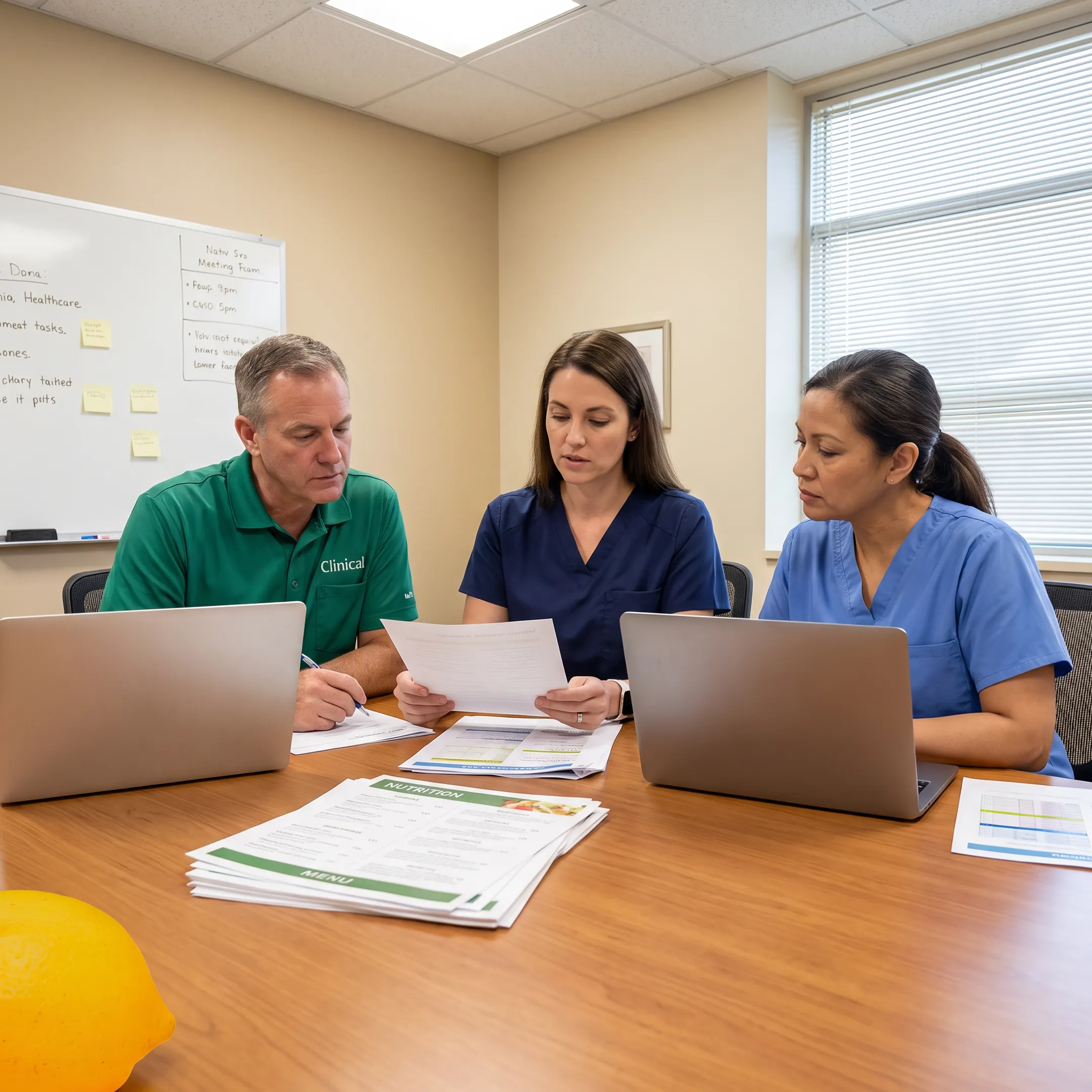 Dietitian reviewing a resident nutrition care plan with healthcare staff