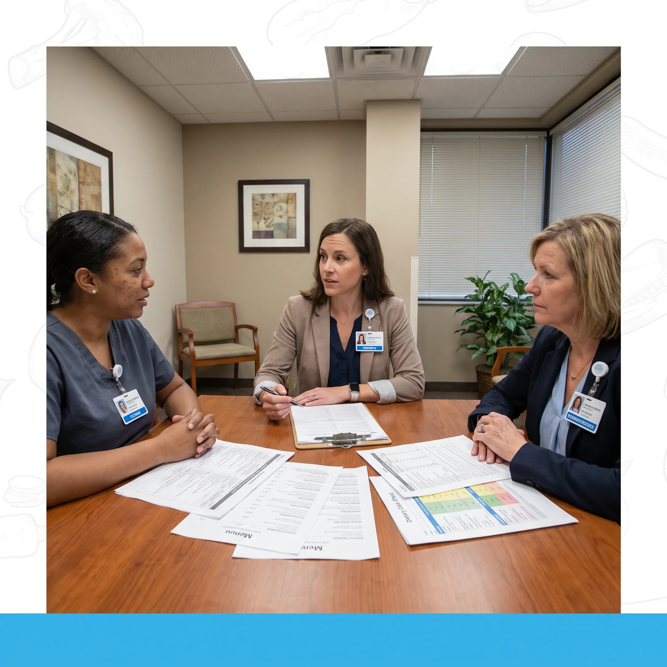 Dietitian reviewing a resident nutrition plan with facility staff