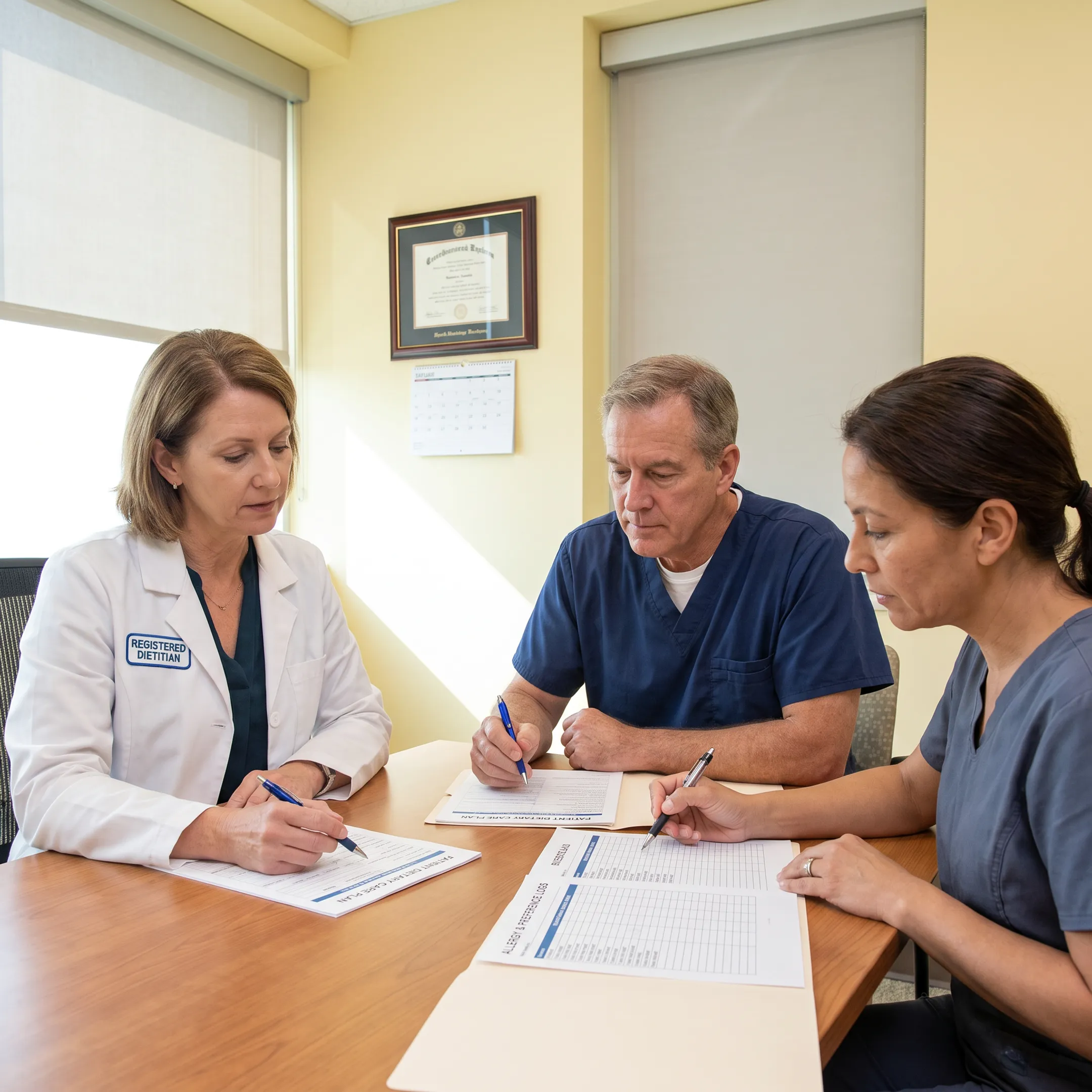 Nutrition professional consulting with healthcare staff