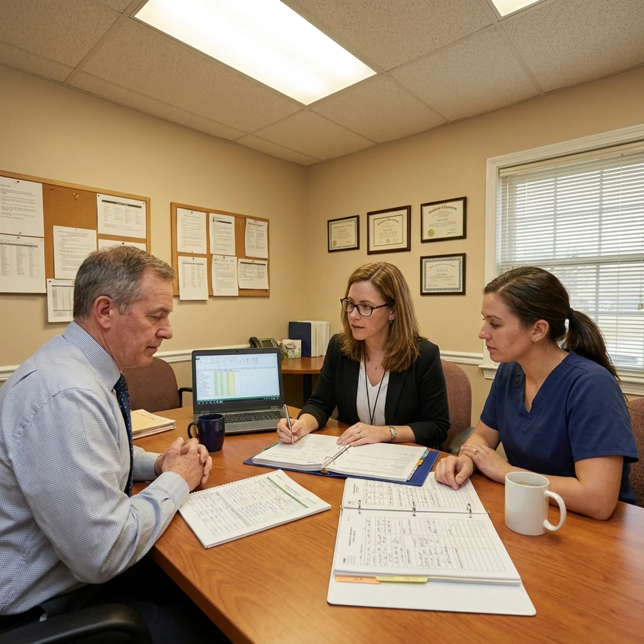 Registered dietitian reviewing nutrition records in a healthcare facility