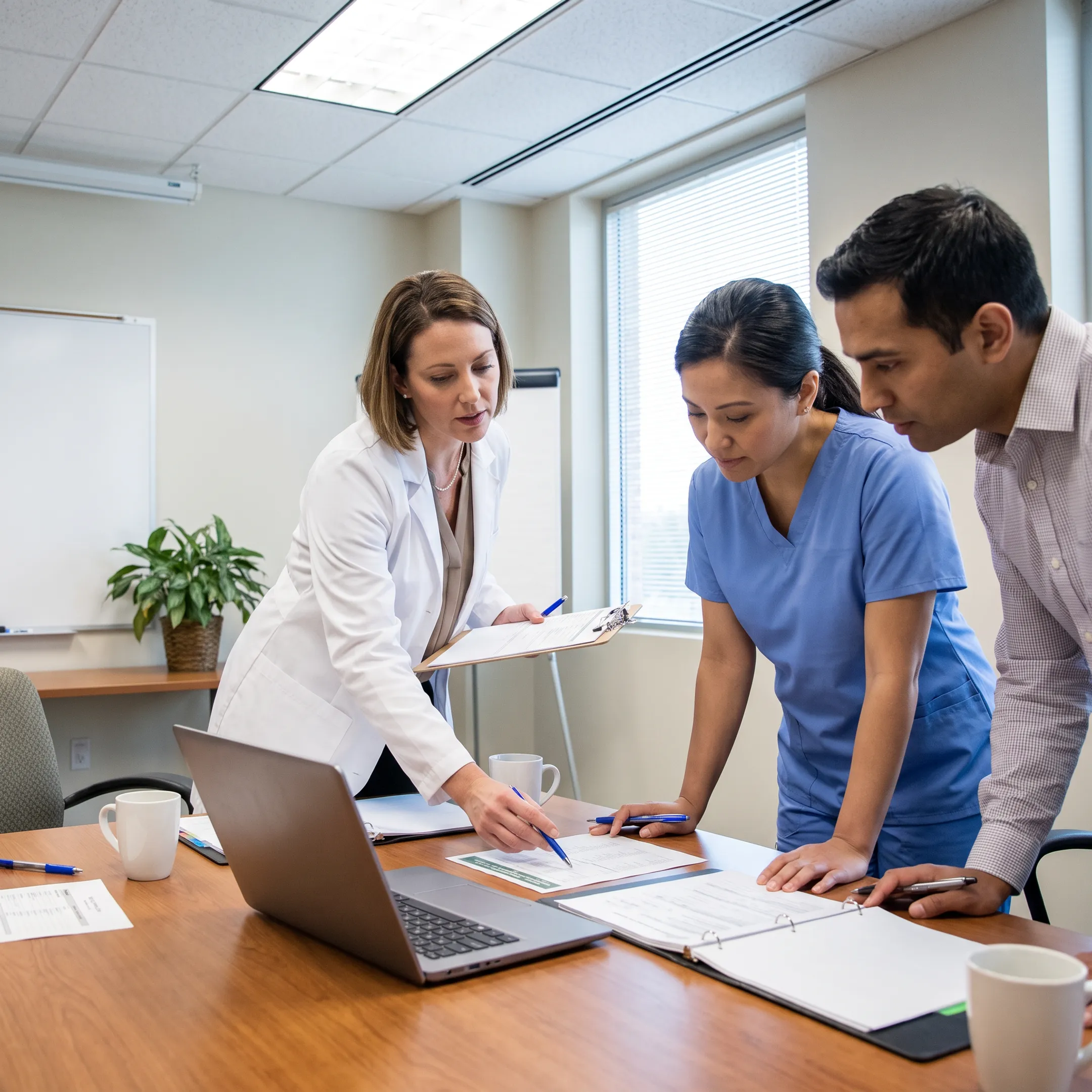 Dietitian consulting with healthcare staff about resident nutrition care