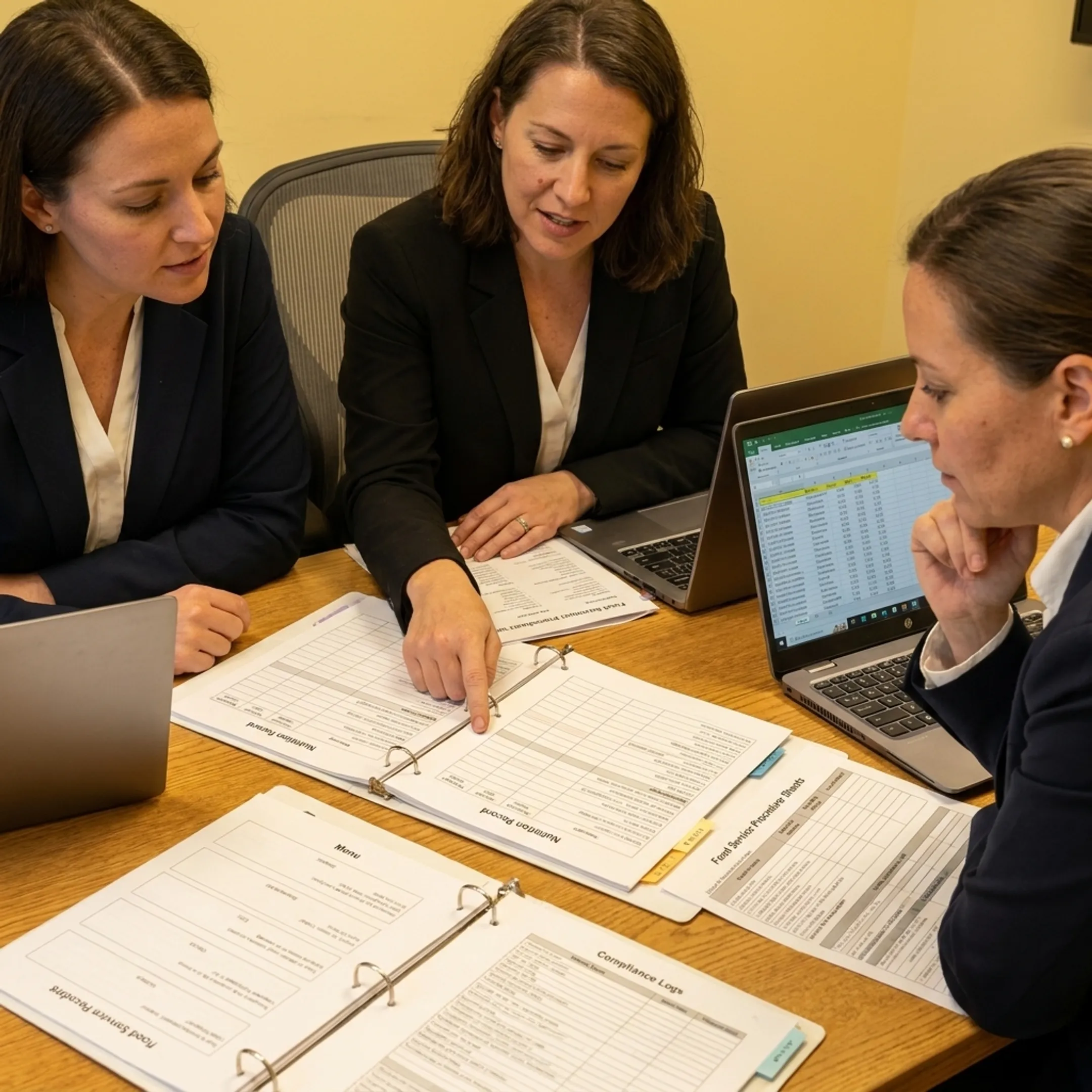 Dietary professional reviewing healthcare food service records with facility leadership