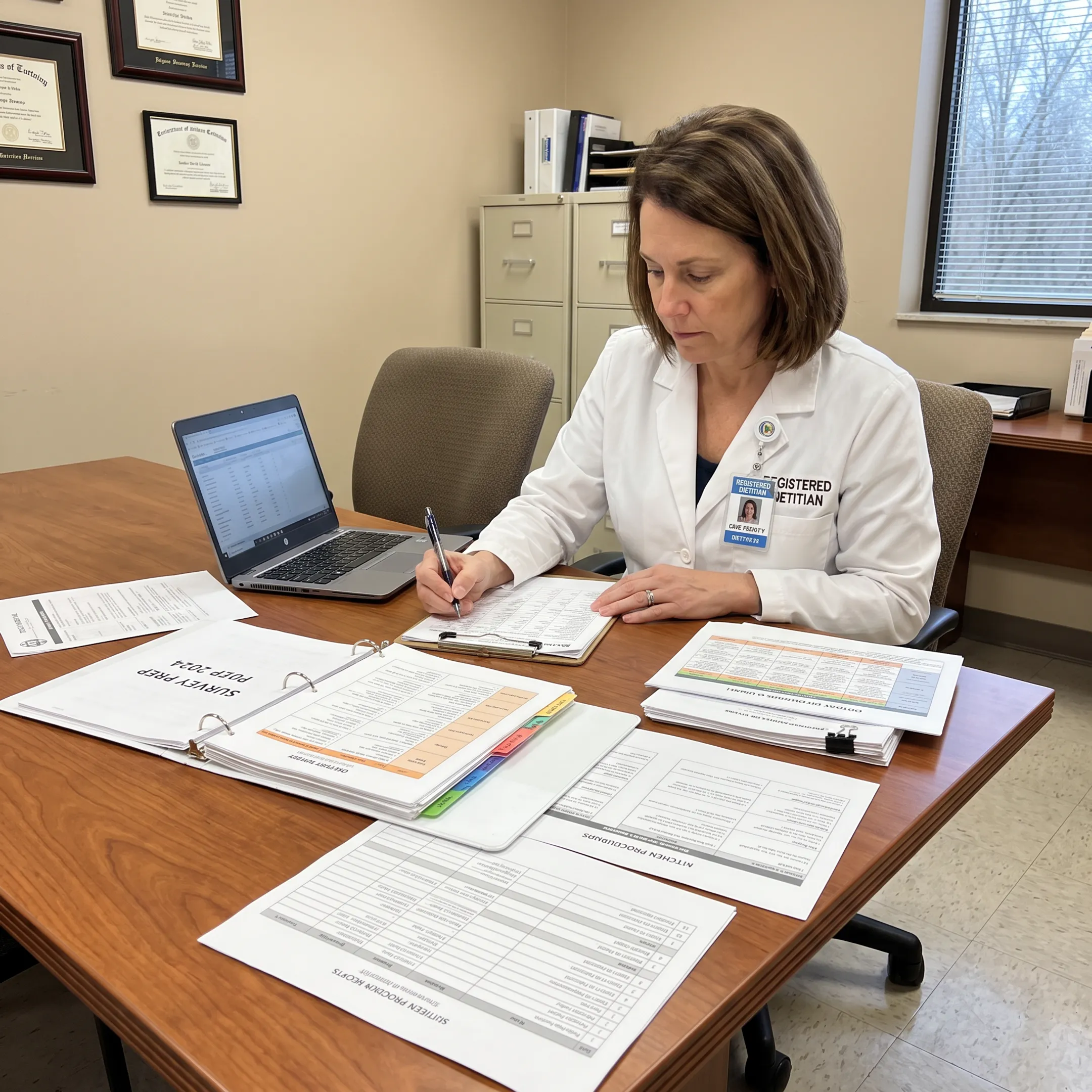 Dietary consultant evaluating menu and compliance materials in a healthcare facility