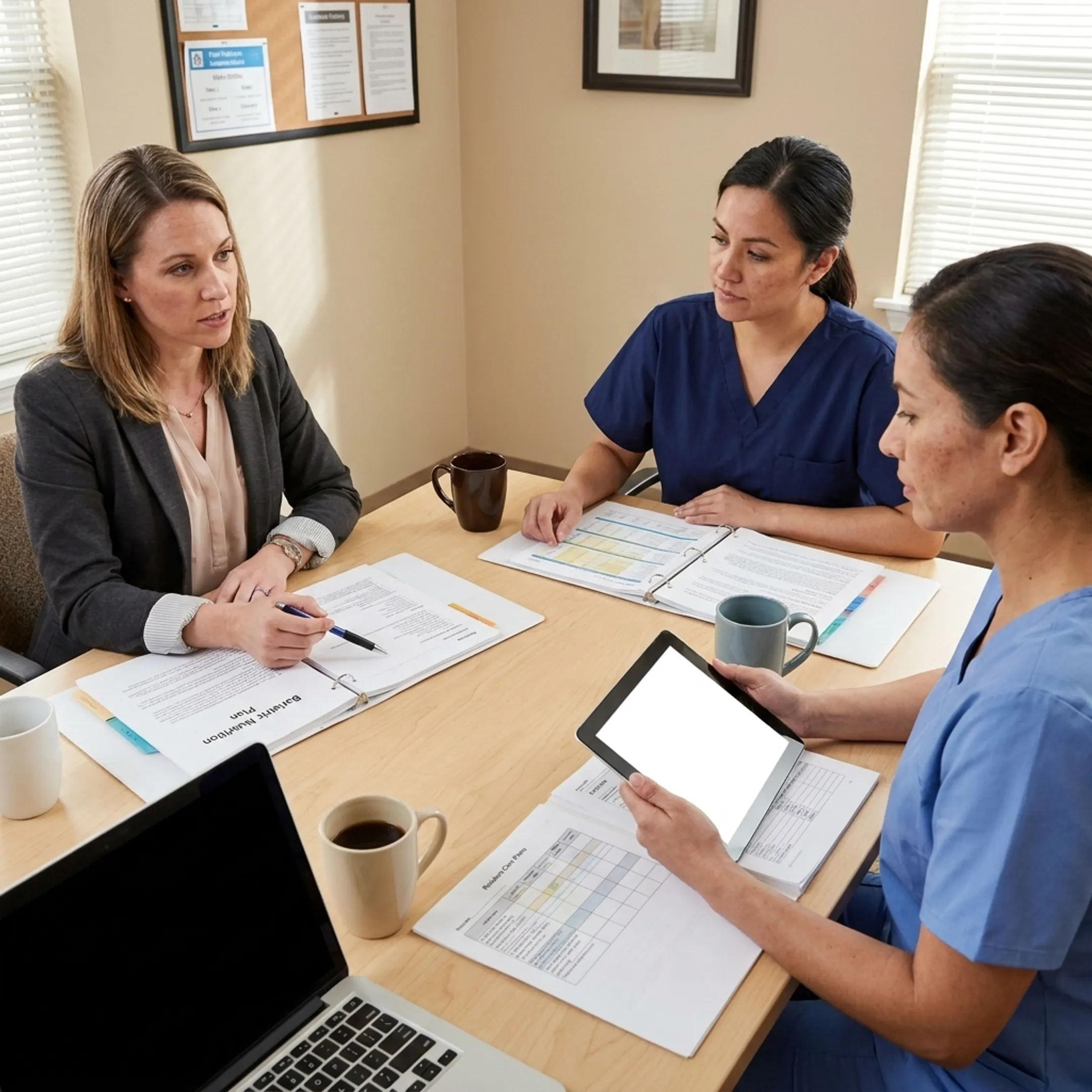 Registered dietitian discussing individualized nutrition plan with nursing staff