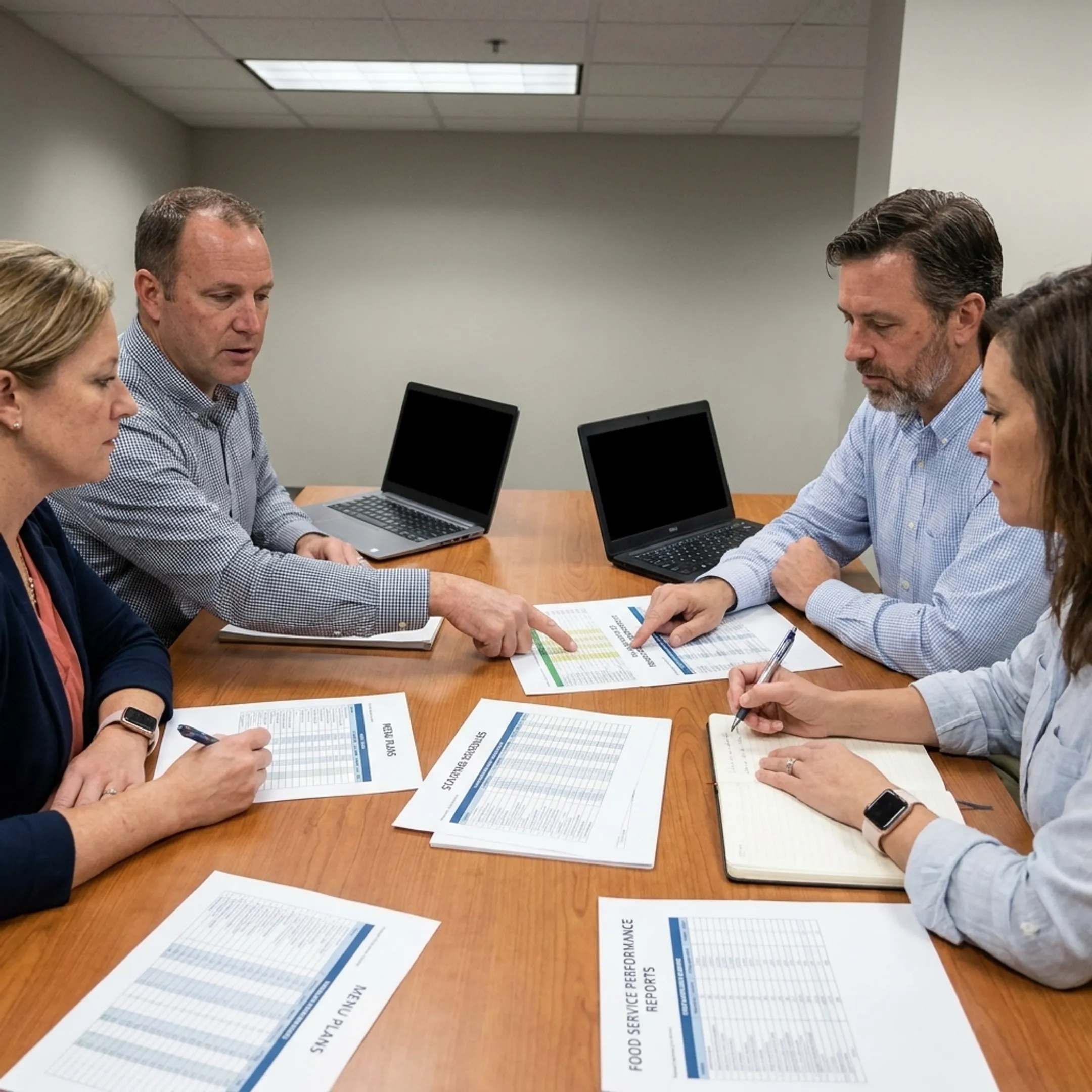 Dietary operations consultant reviewing nutrition and food service plans with healthcare facility leaders