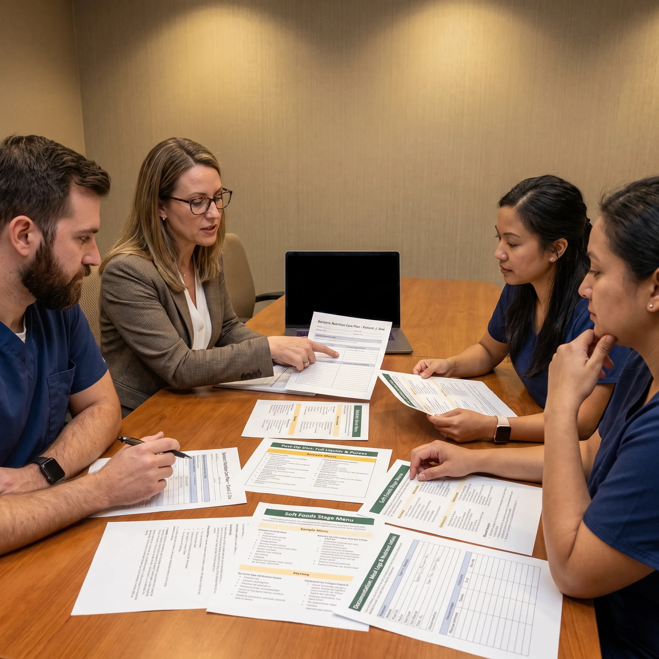 Dietitian reviewing a bariatric nutrition care plan with healthcare facility staff