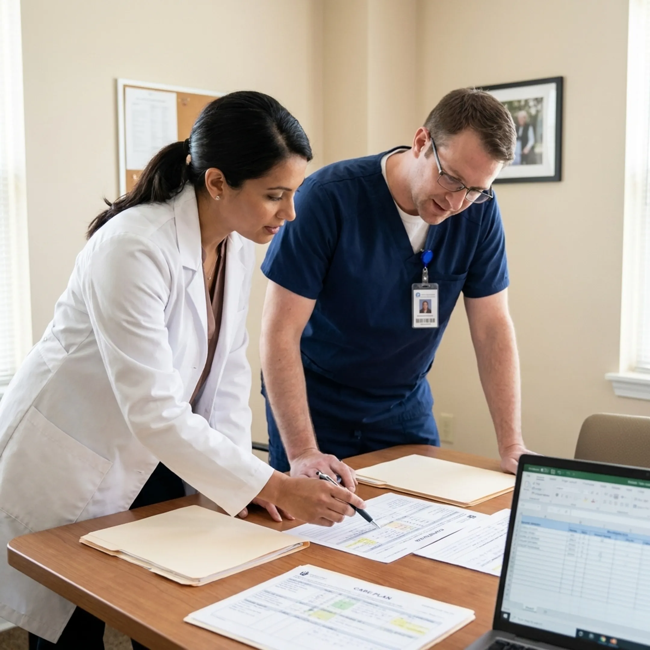 Registered dietitian reviewing a resident nutrition care plan with long-term care staff