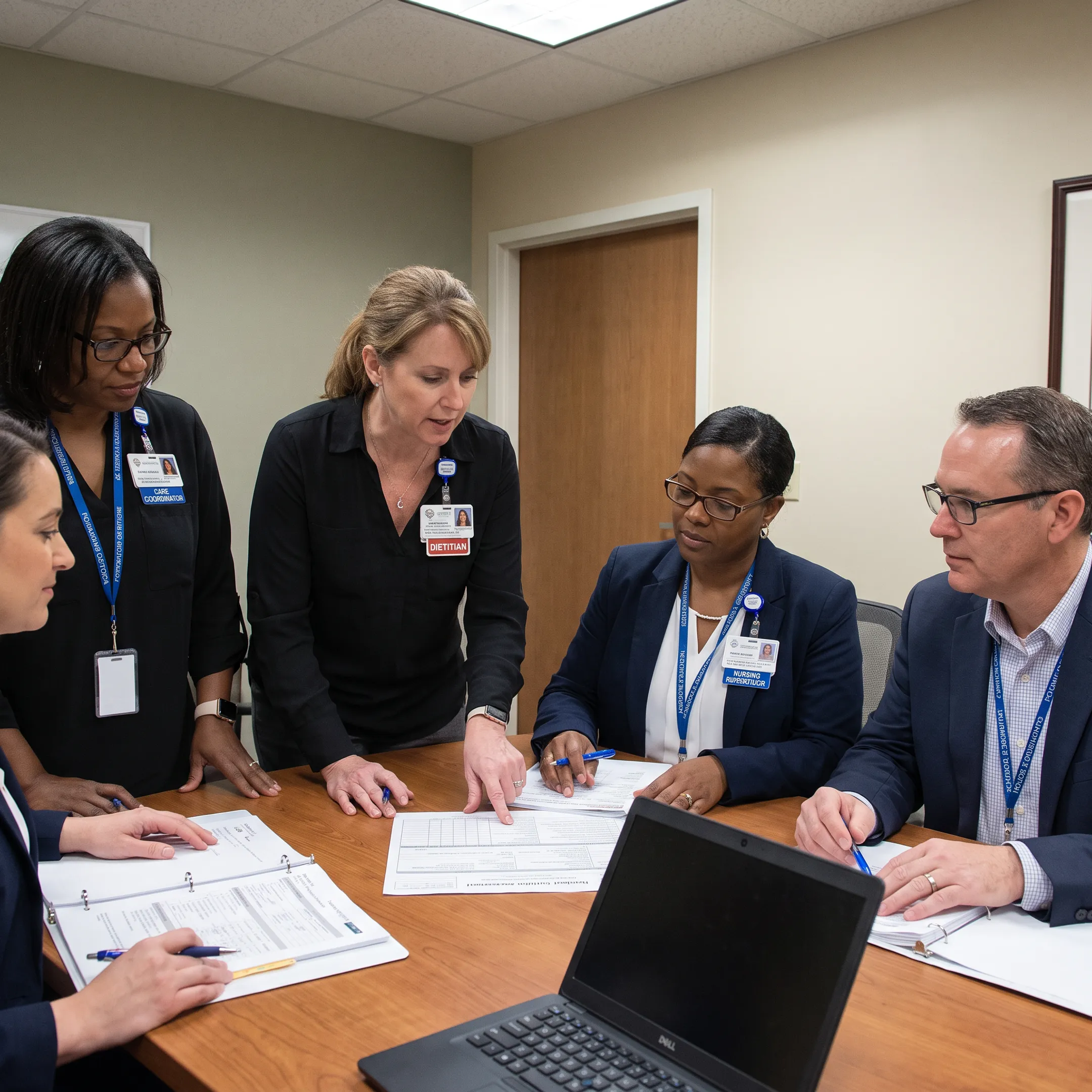 Dietitian consulting with long-term care staff about resident nutrition
