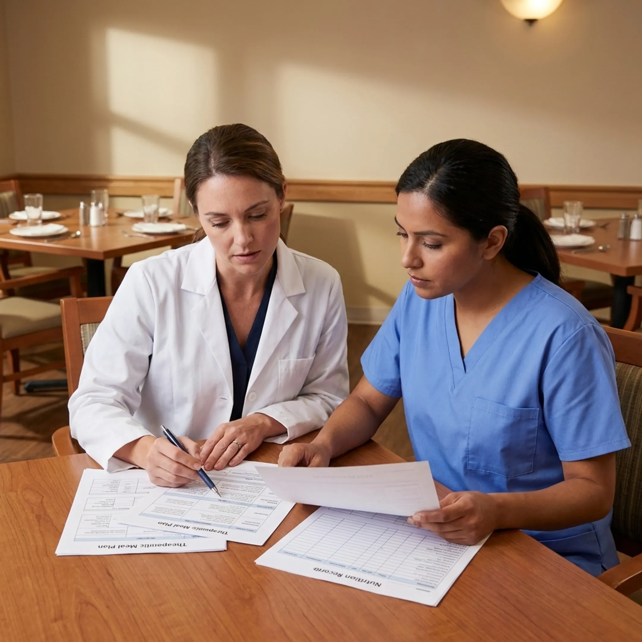 Dietitian reviewing a nursing home resident’s therapeutic meal plan with care staff