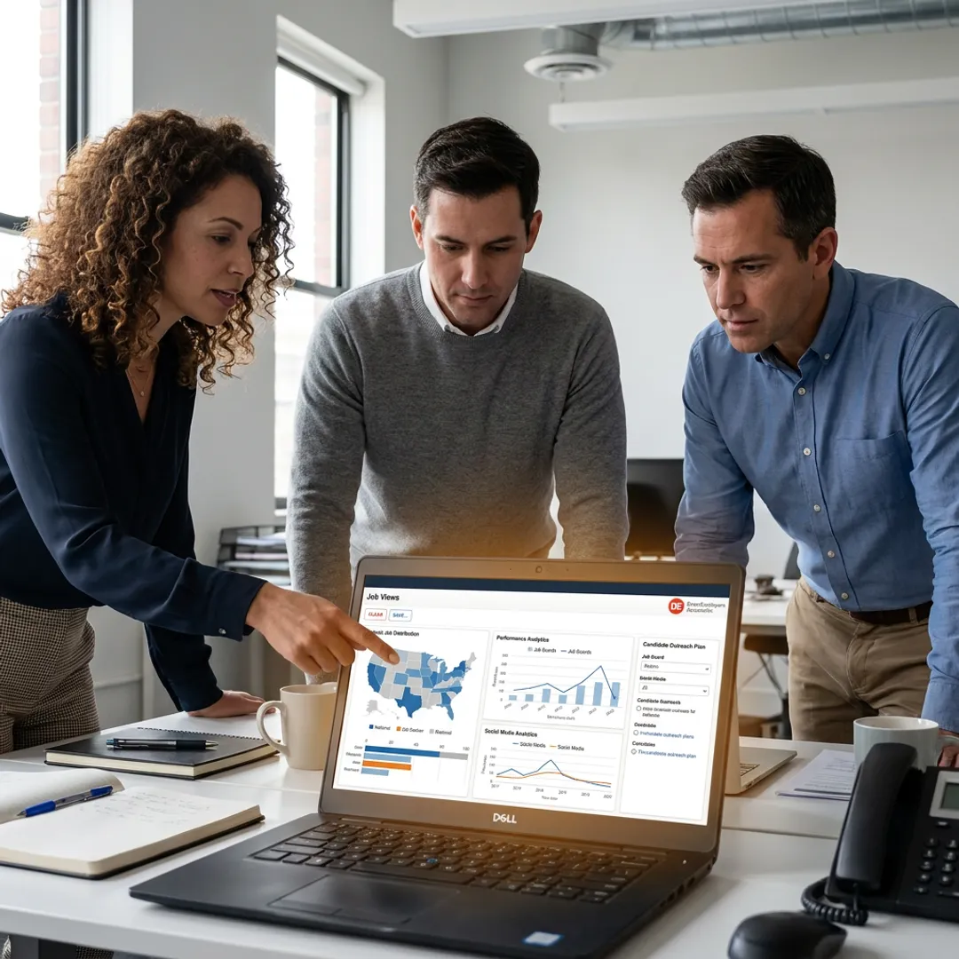 Recruitment team reviewing job distribution channels