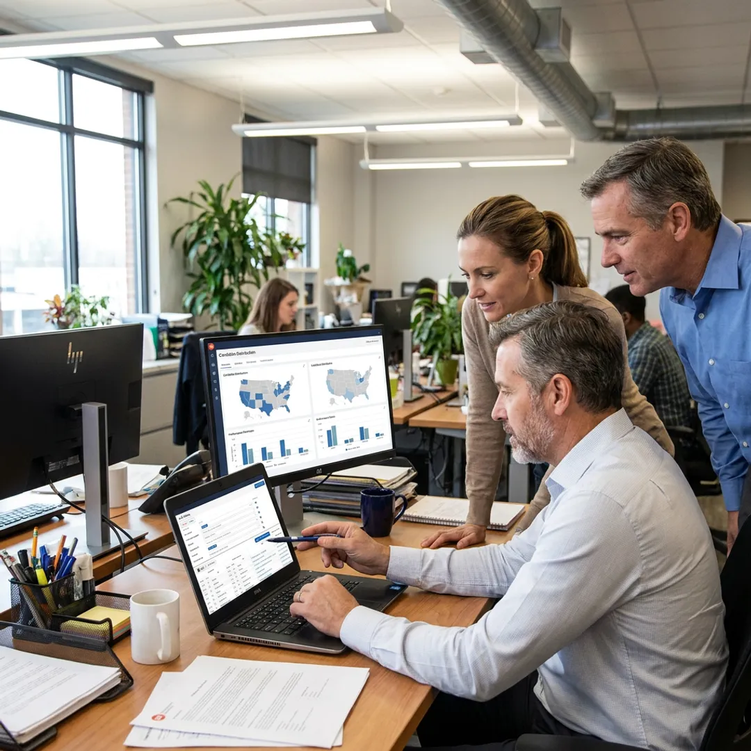 Recruitment team reviewing job distribution analytics