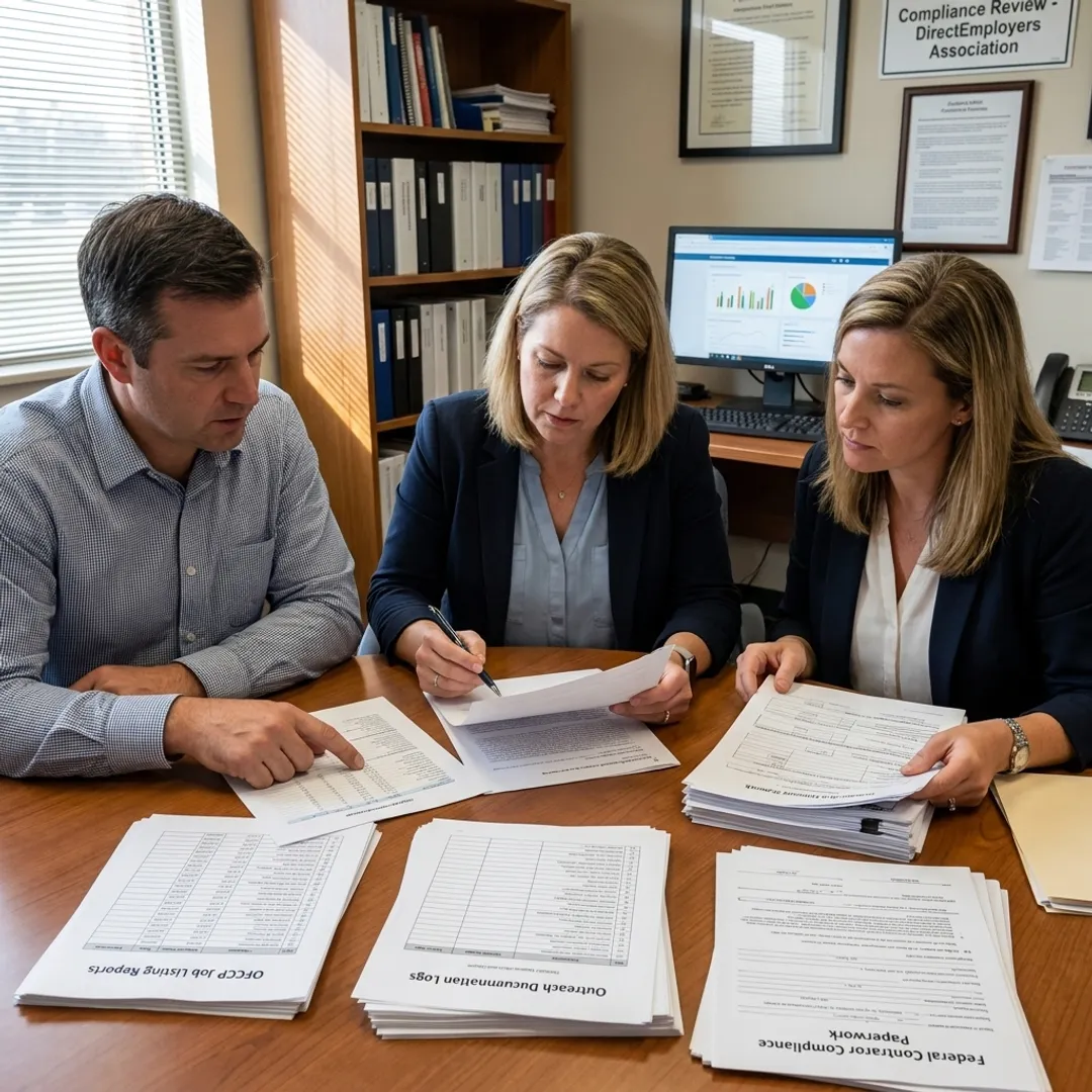 Compliance team reviewing federal contractor job listing documentation