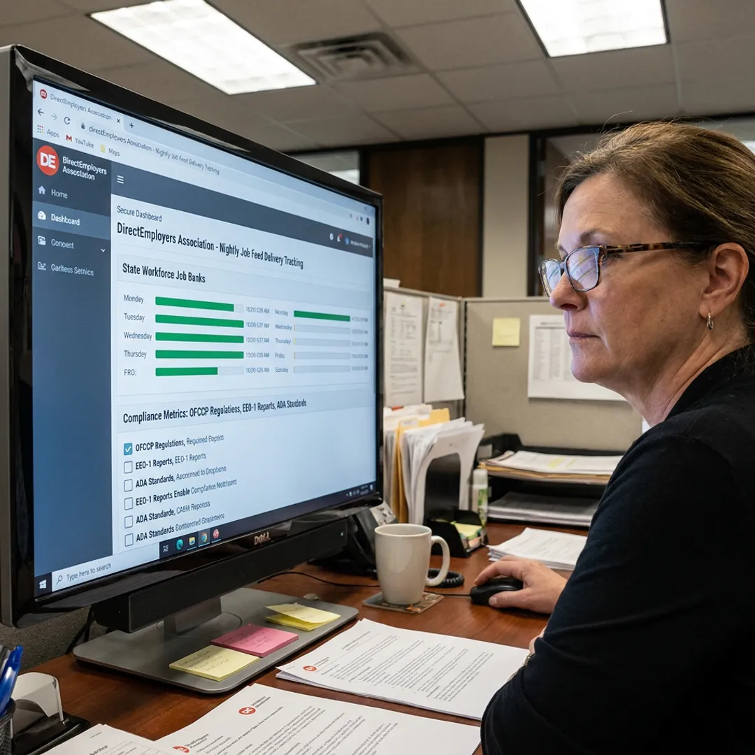 Compliance specialist reviewing job bank delivery workflow